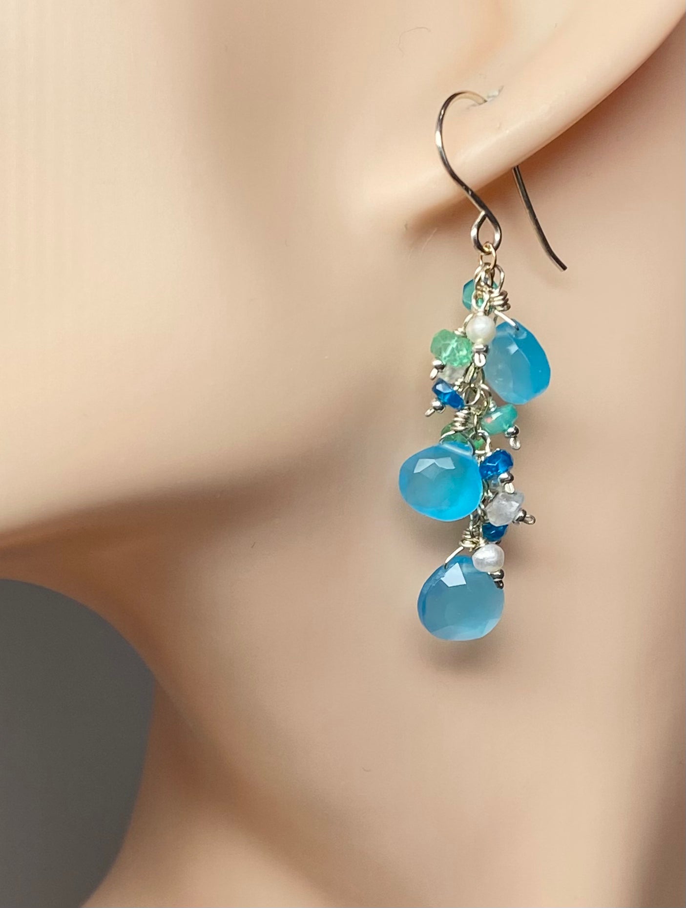 Blue Chalcedony Moonstone Green Topaz Sterling Silver Dangle Earrings | Elegant Boho Jewelry for Women | Perfect for Weddings, Parties & Everyday Wear