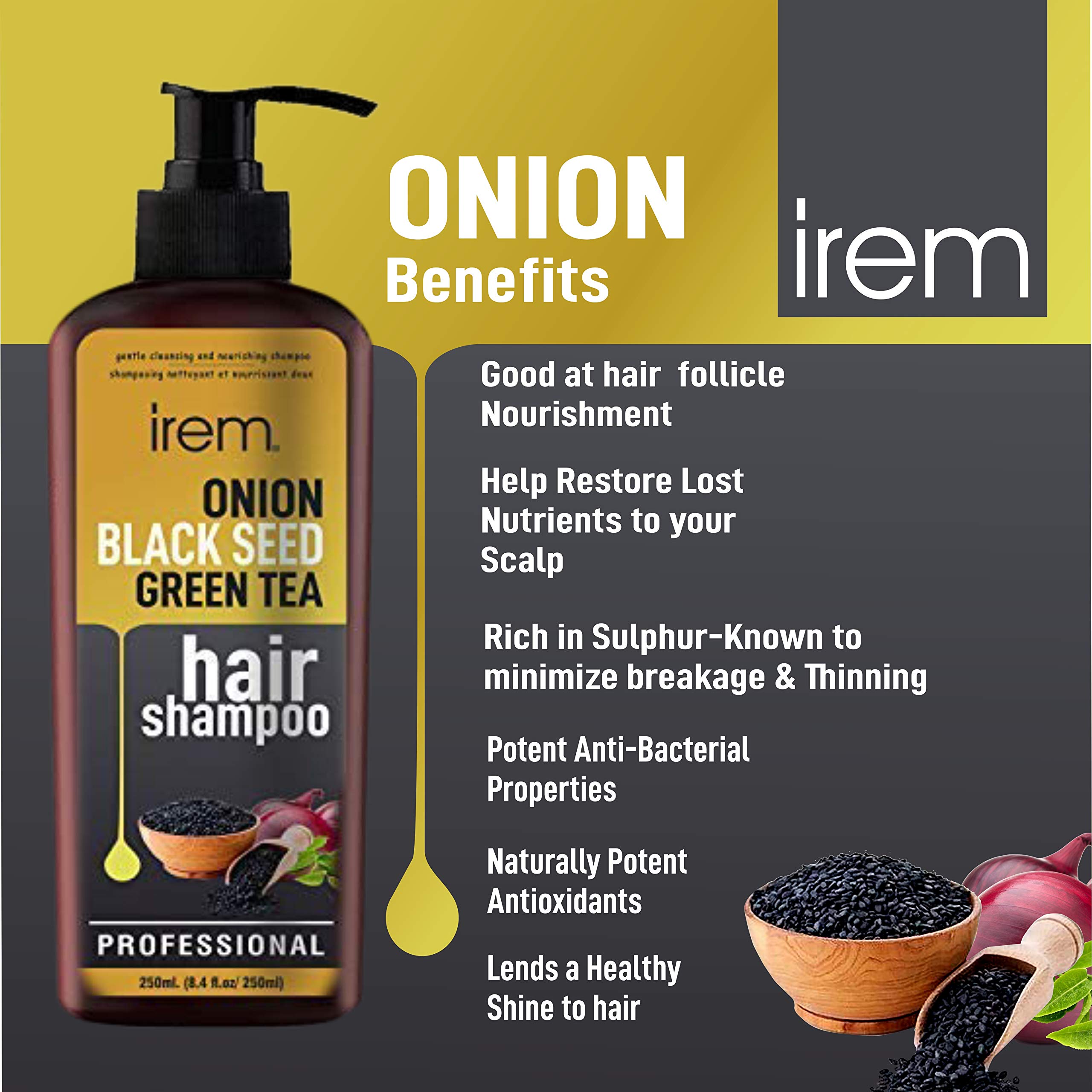 Irem Onion Black Seed & Green Tea Shampoo for Hair Growth & Hair Loss Prevention - 250ml - Revitalizes & Strengthens Hair for Men & Women - Perfect for Daily Use & Damaged Hair Care
