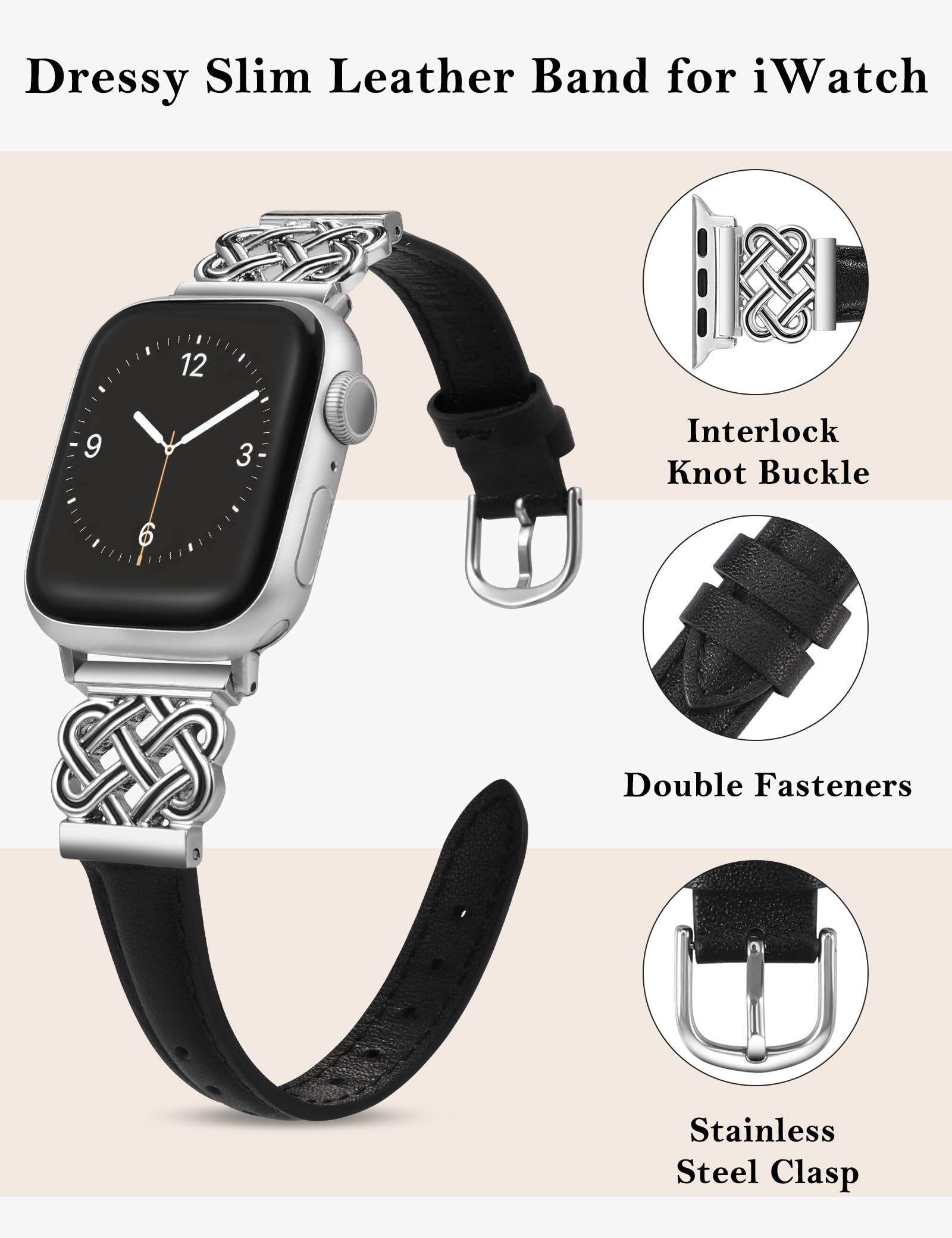Premium Genuine Leather Apple Watch Band for Women - Compatible with 38/40/41/42mm iWatch Series 10/9/SE/8/7/6/5/4/3/2/1 - Slim Dressy Bracelet with Metal Buckle (Black/Silver) - Perfect for Work, Date Night & Formal Occasions