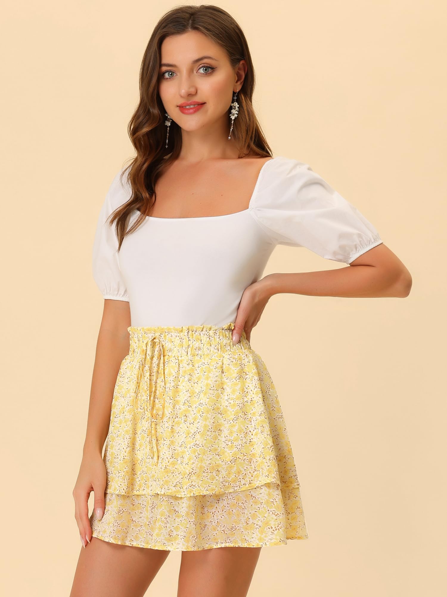 Allegra K Women's 2024 Summer Floral Print Smocked Waist Ruffle Hem Chiffon Mini Skirt - Casual Beach Wear, Vacation Outfit, Party Dress