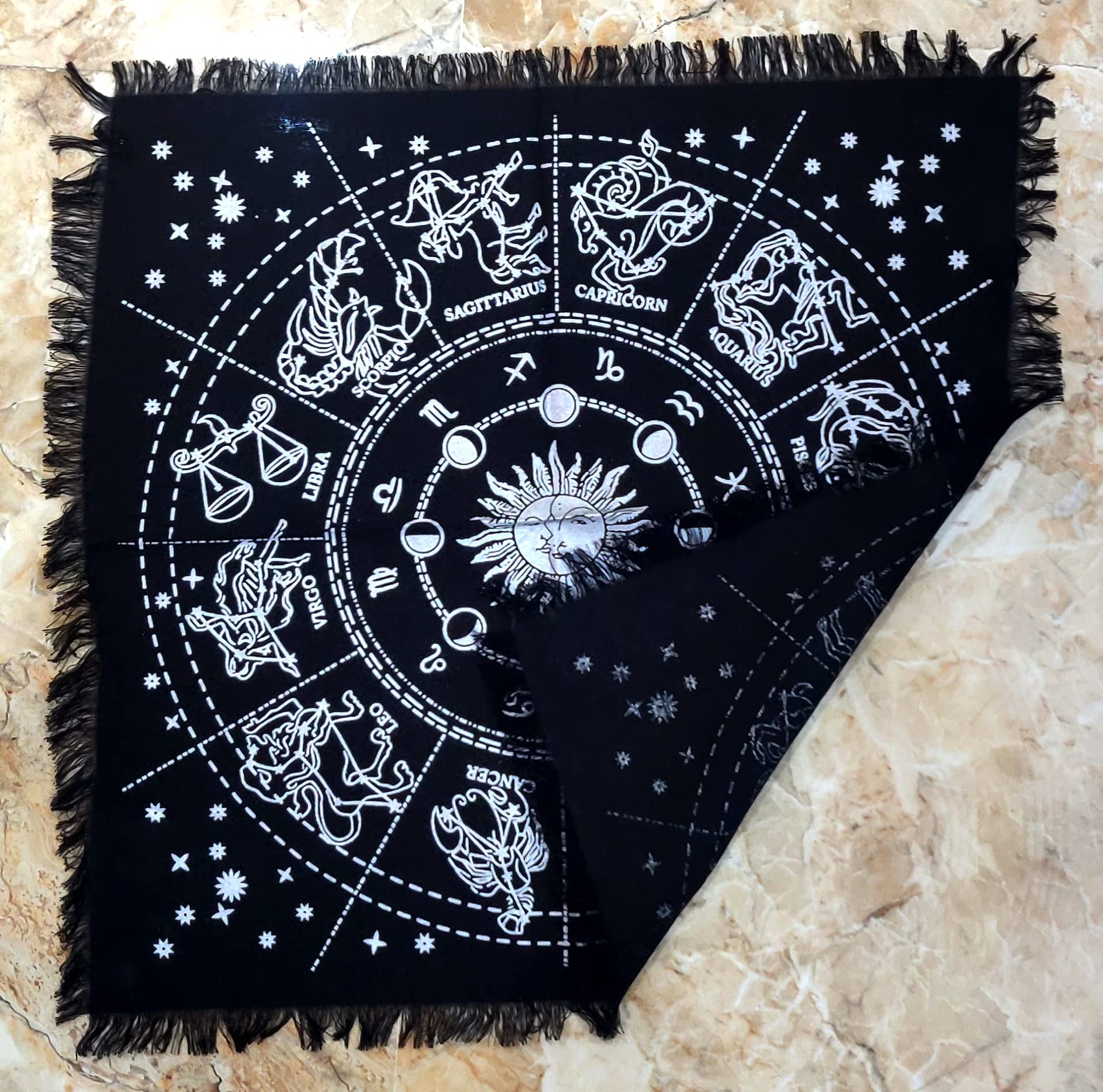 INDACORIFY Silver Zodiac Constellation Altar Cloth 18x18 Inch - Esoteric Tarot Spread Cloth with Fringes for Witchcraft, Divination & Spiritual Rituals | Perfect for Altar Decor, Crystal Charging & Sacred Space Creation