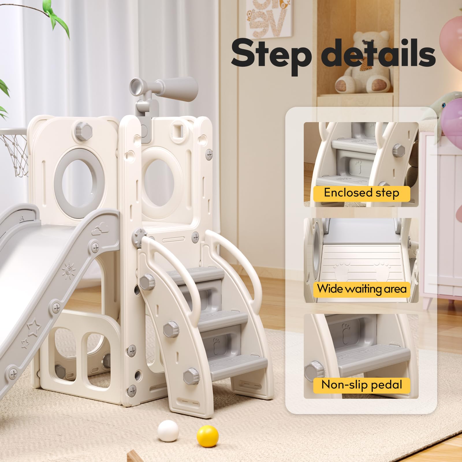 6-in-1 Multifunctional Toddler Playset with Slide, Basketball Hoop & Ring Toss - Indoor/Outdoor Kids Playground Toy for Ages 1-3 Years - Perfect for Backyard, Playroom & Preschool Activities (White & Grey)