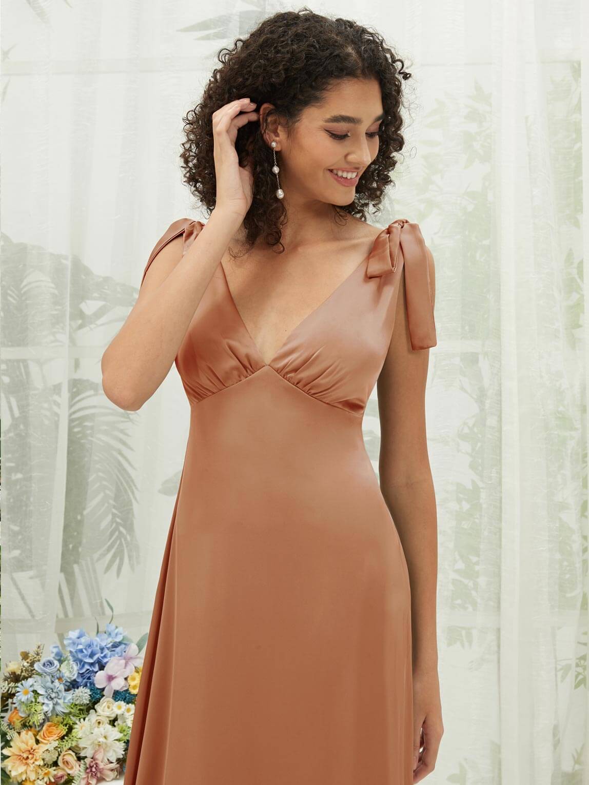 Elegant V-Neck Silk Satin Bridesmaid Dress with Detachable Bow Straps - Convertible Tea-Length Formal Gown for Weddings, Parties & Special Occasions