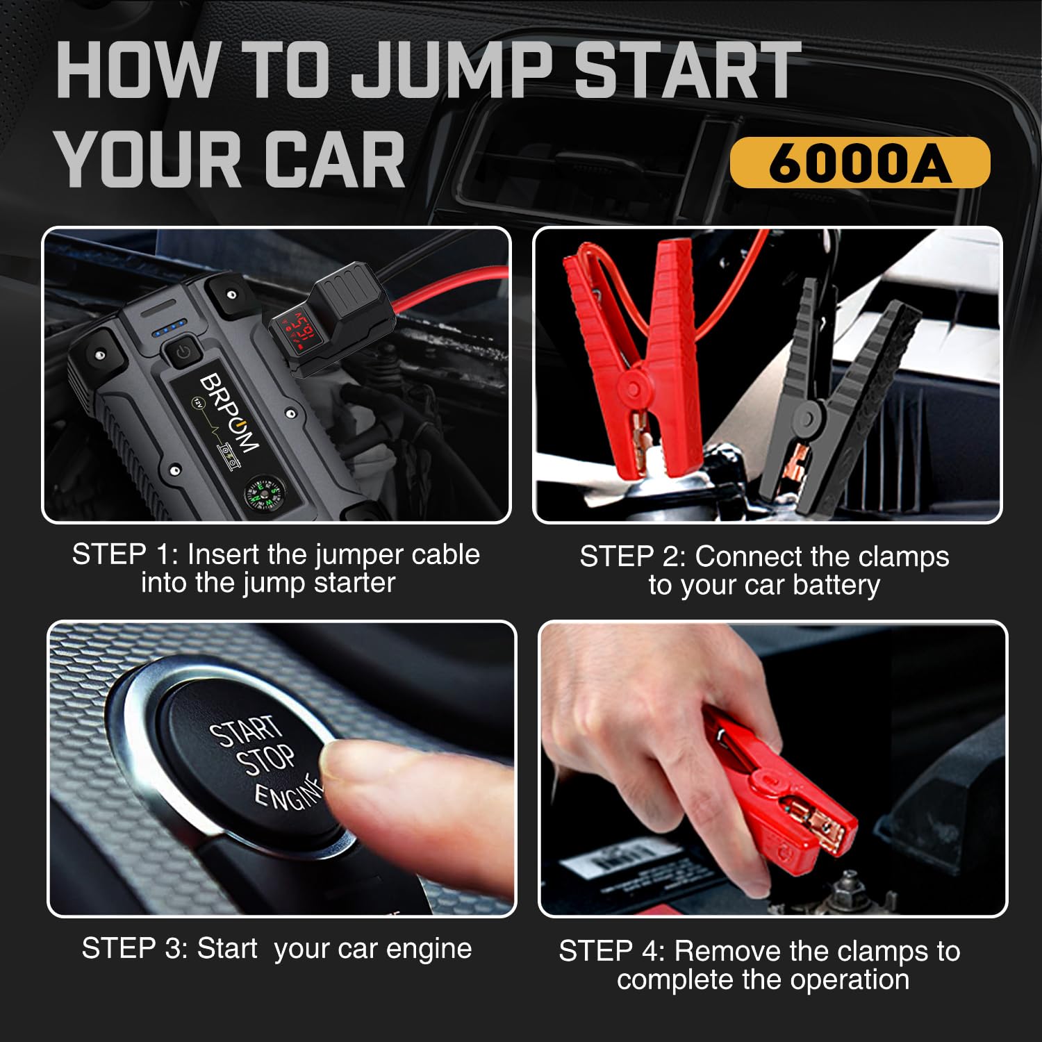 6000A Car Jump Starter 26800mAh - 12V Battery Booster for Gas/Diesel Engines - Emergency Roadside Use