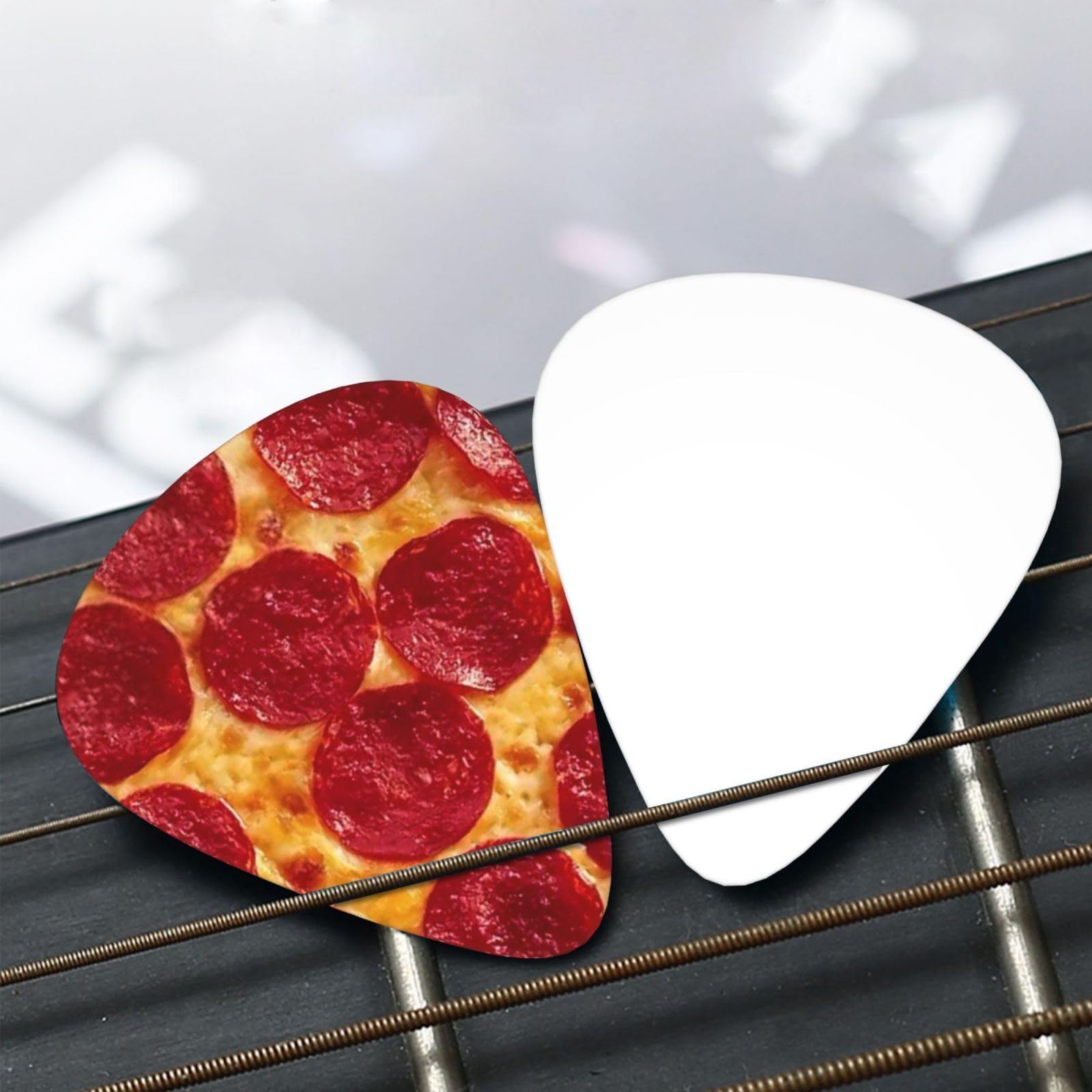 Premium 12-Pack Classic Guitar Picks for Electric, Acoustic Guitar, Bass & Mandolin - Durable One Size Plectrums with Pizza Design - Perfect for Practice, Live Performances & Studio Recording