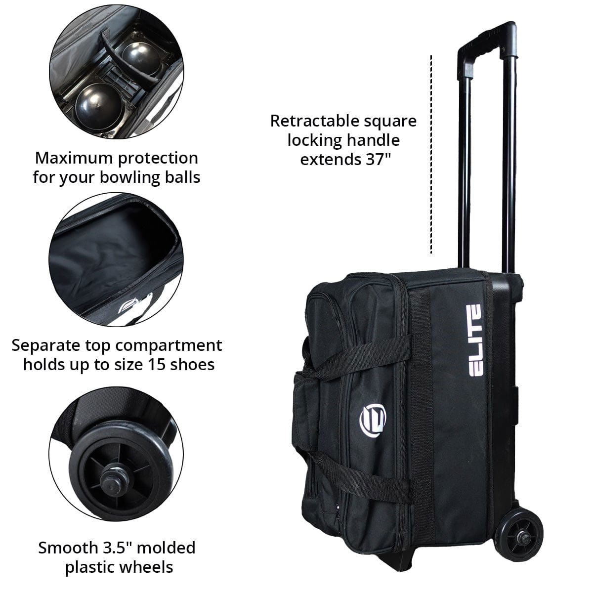 ELITE Basic Double Roller Black Bowling Bag - Durable & Lightweight for Travel & League Play - Perfect for Bowling Enthusiasts & Professionals