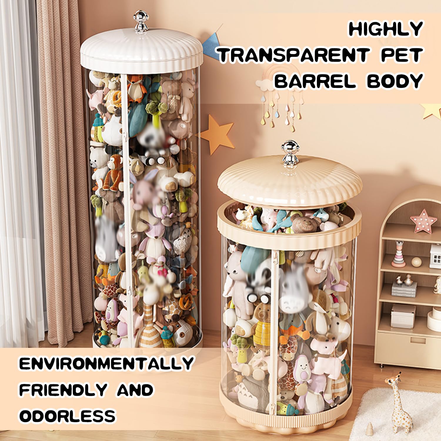 Kids Doll Storage Tube - Transparent PET Stuffed Animal Organizer with Zipper & Lid, 150cm White Toy Display Bucket for Bedroom | Perfect for Toy Organization, Playroom Storage & Kids Room Decor