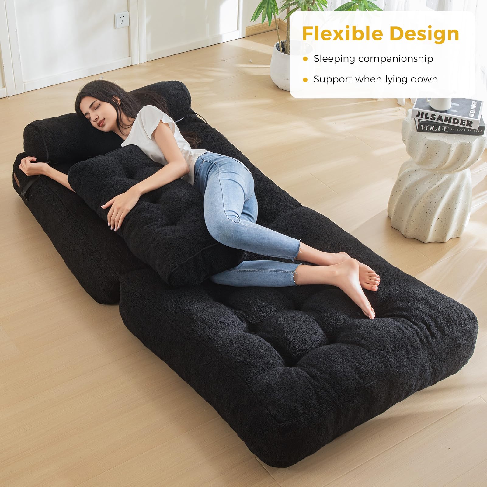 MAXYOYO Fuzzy Folding Sofa Bed - Convertible Sleeper Chair with Pillow & Foldable Mattress, Back Support for Living Room, Guest Room & Small Spaces (Black)