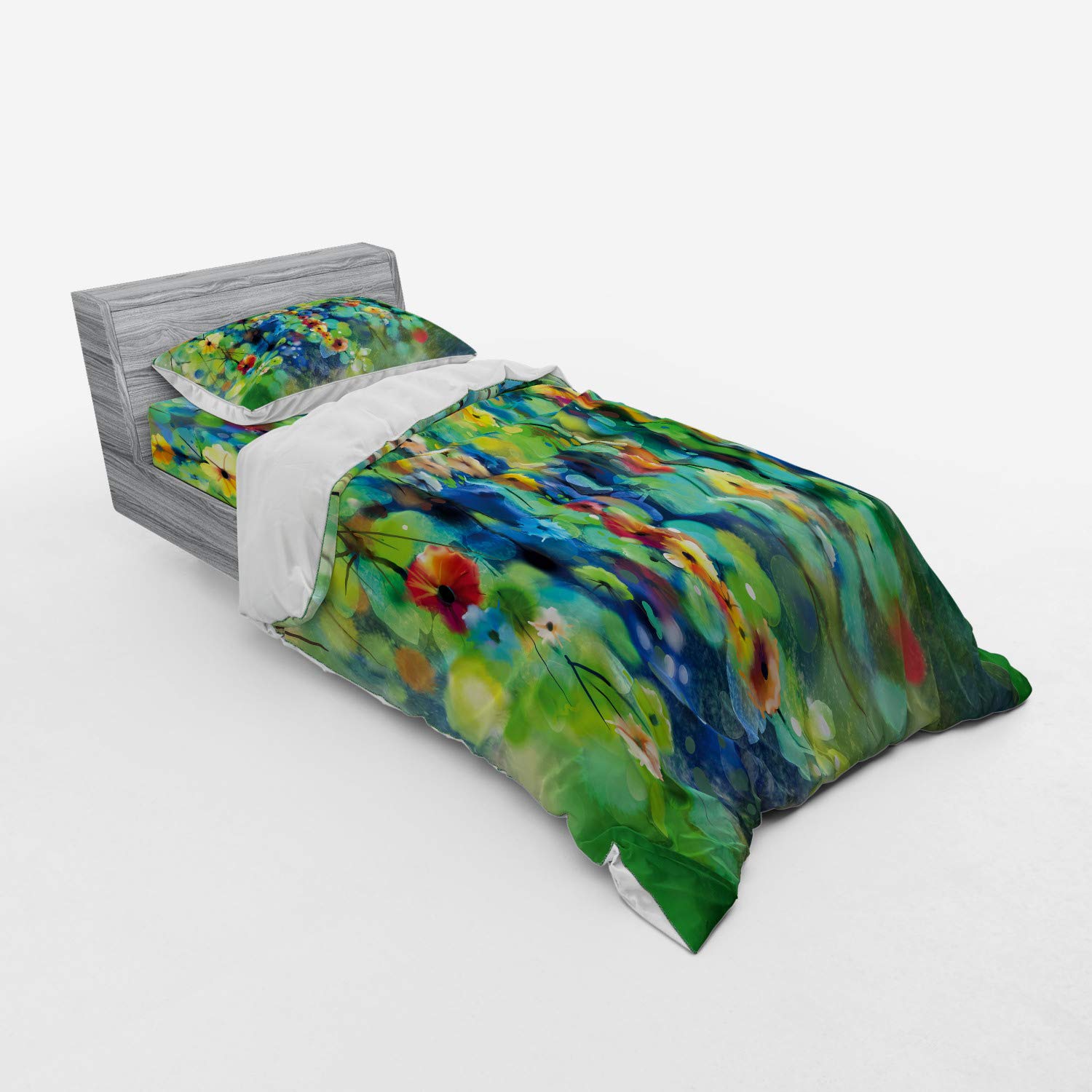 Ambesonne Floral Duvet Cover Set - Vibrant Bloom Design, 3-Piece Bedding with Sham & Fitted Sheet, Twin Size, Green & Blue - Perfect for Spring Decor, Birthday Gifts & Bedroom Refresh