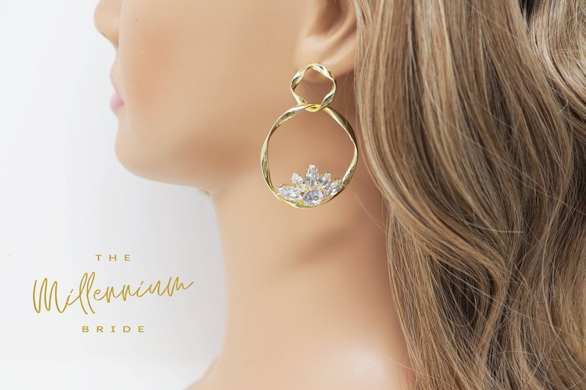Cubic Zirconia Floral Hollow Drop Earrings - Elegant Crystal Bridal Jewelry for Wedding, Party & Special Occasions | Dainty Statement Earrings for Women