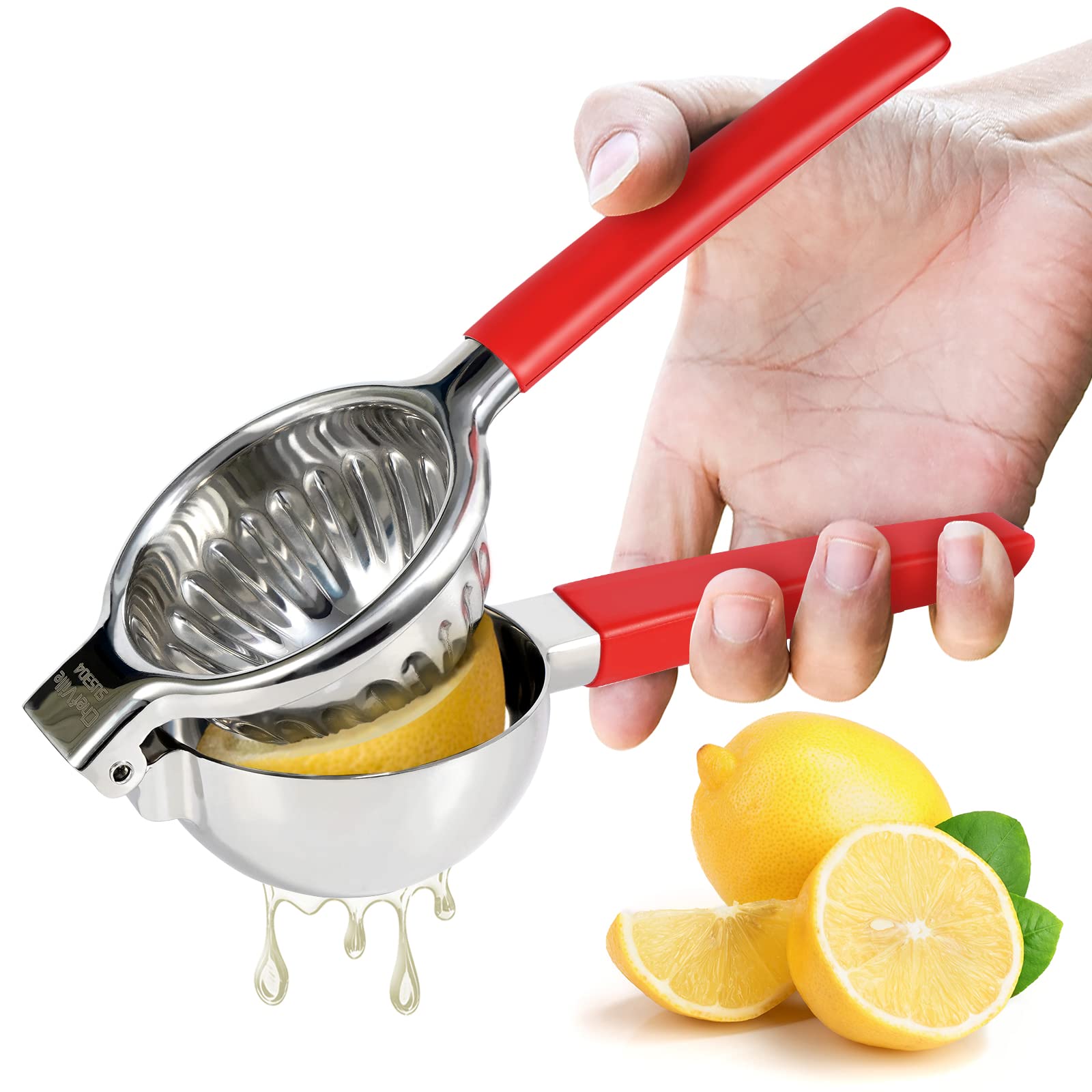 Premium Stainless Steel Lemon Squeezer - ChefVille MJ03 Manual Citrus Juicer for Oranges, Limes & Grapefruits - Heavy Duty 304 Stainless Steel Hand Juicer with Ergonomic Non-Slip Grip (Red) - Perfect for Bartending, Cocktail Making & Fresh Juice Extraction