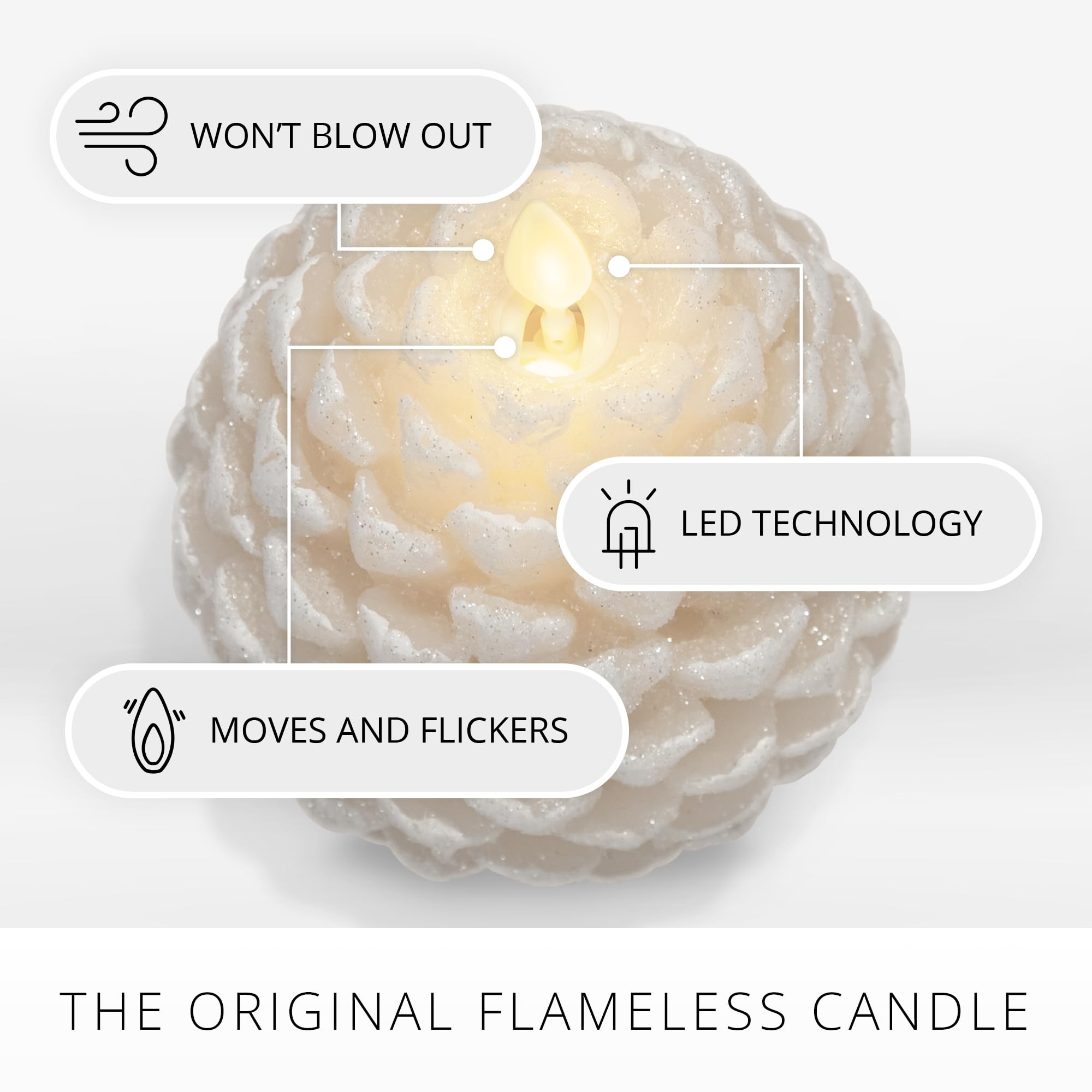 Luminara Flameless LED Candle - White Swan Glitter Pinecone Design with Snow Finish, Real Wax Unscented, Battery Operated with Timer, 4.7