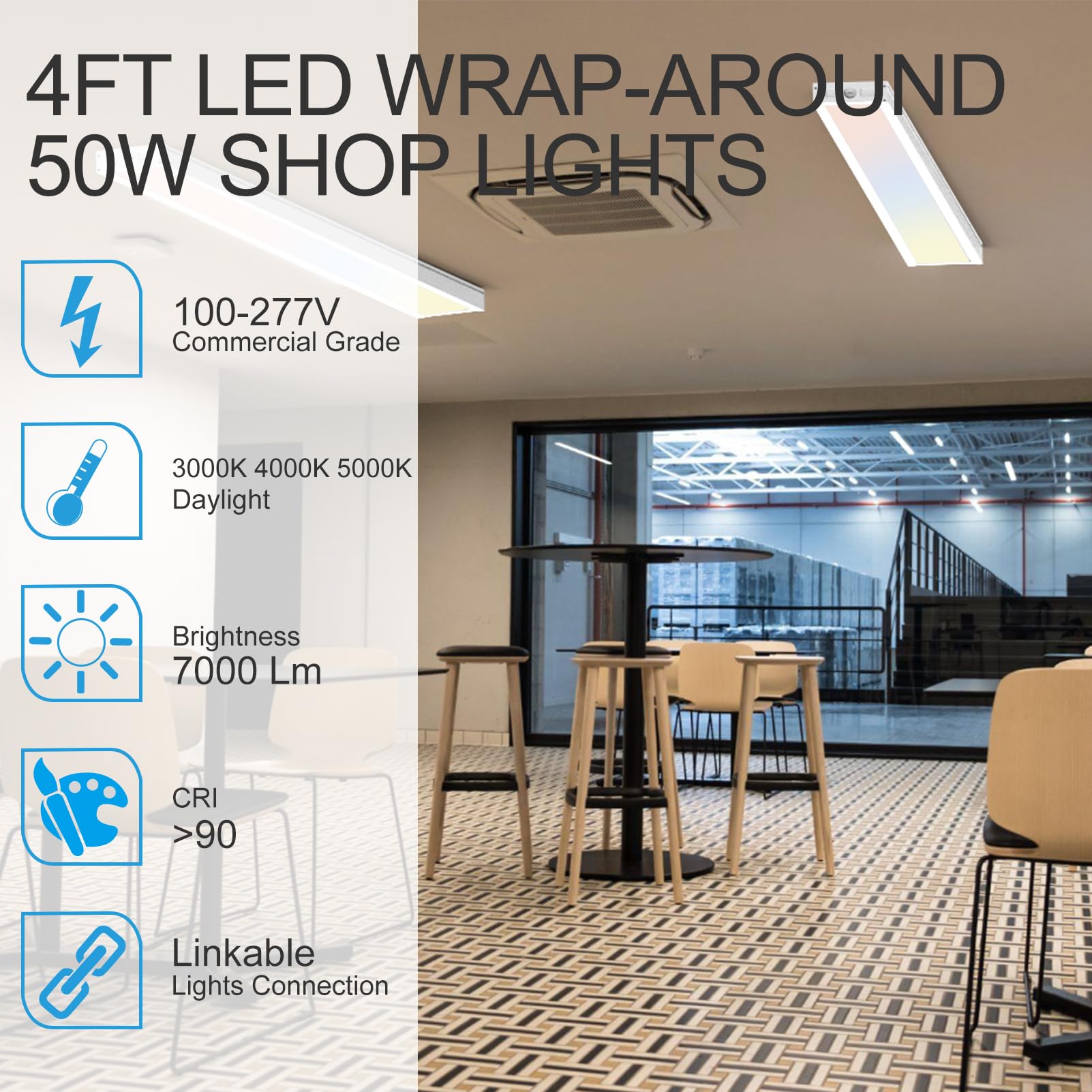 4ft LED Flush Mount Shop Light Fixture - 50W Linear Office Ceiling Light, 7000LM 5000K Daylight White - Energy Saving LED Wrap Around Lights for Warehouse, Garage, Workshop & Retail Stores