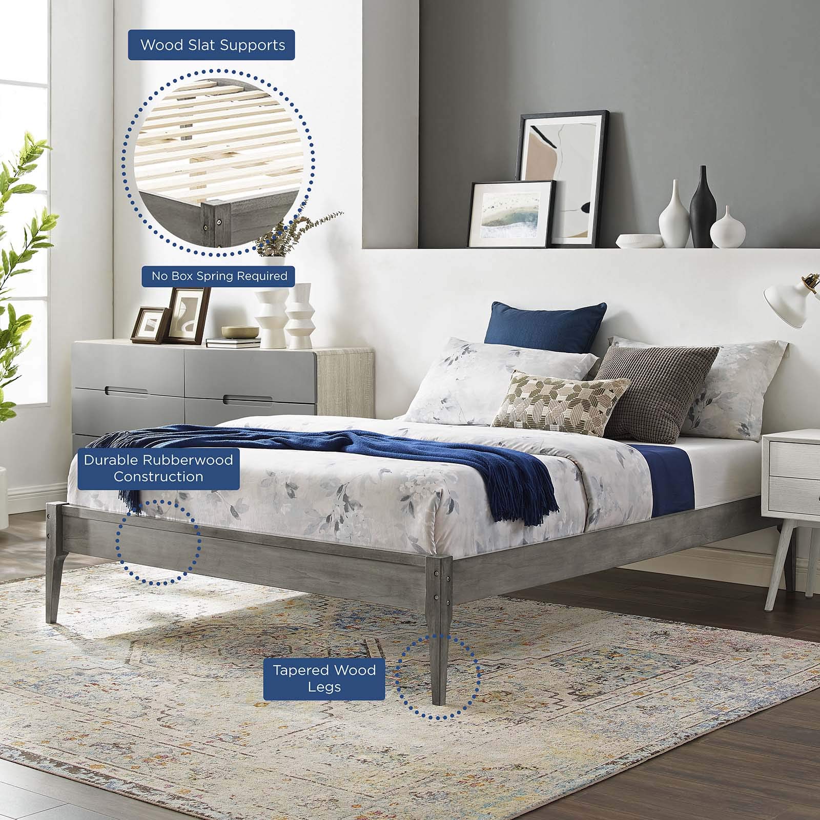 Modway June Full Wood Platform Bed Frame with Headboard - Queen Size, Gray - Sturdy & Modern Bed Frame for Master Bedroom or Guest Room