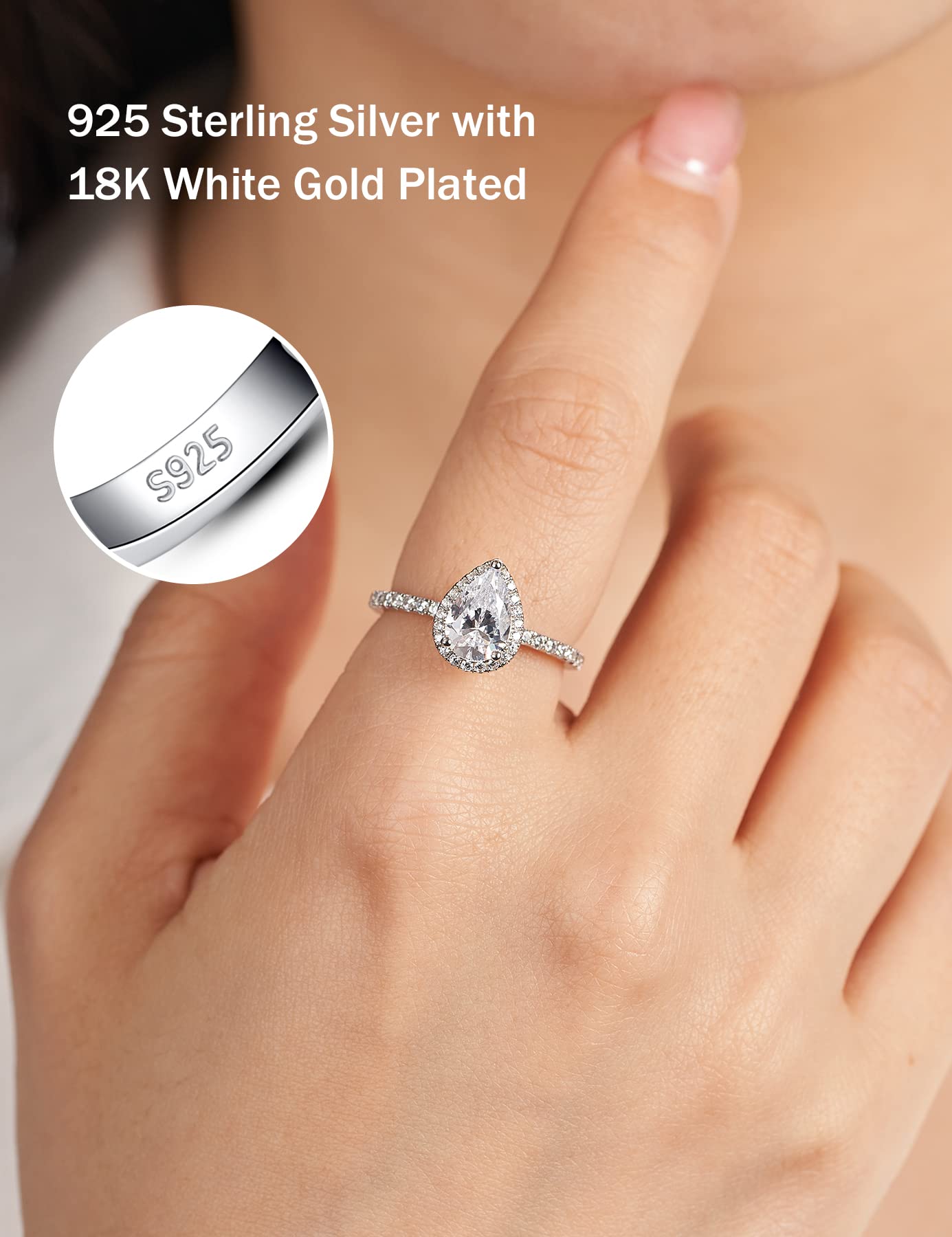 2CT Pear Shaped Engagement Rings for Women - Teardrop Sterling Silver Rings with 18K White Gold Plated Cubic Zirconia - Wedding Rings, Promise Rings for Her - Perfect for Proposals, Anniversaries & Special Occasions