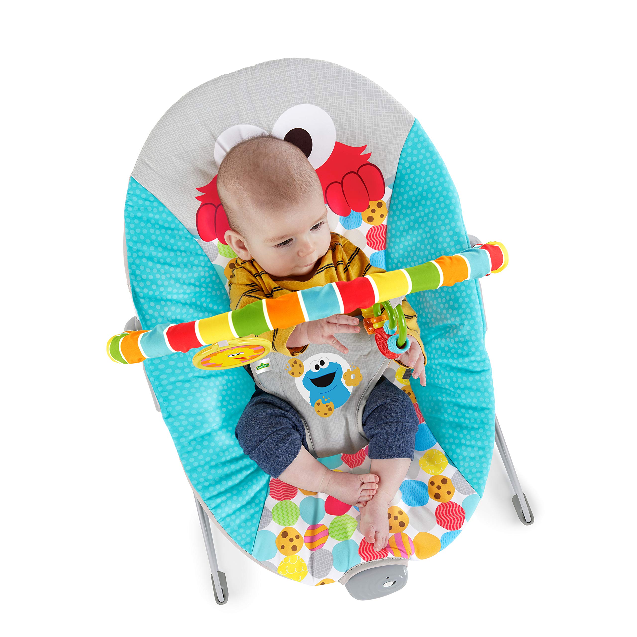 Bright Starts Sesame Street Baby Bouncer with Soothing Vibrations - Infant Seat for 0-6 Months (Up to 20 lbs) - Features Elmo, Cookie Monster & Big Bird - Removable Toy Bar - Perfect for Playtime, Naps & Soothing Fussy Babies