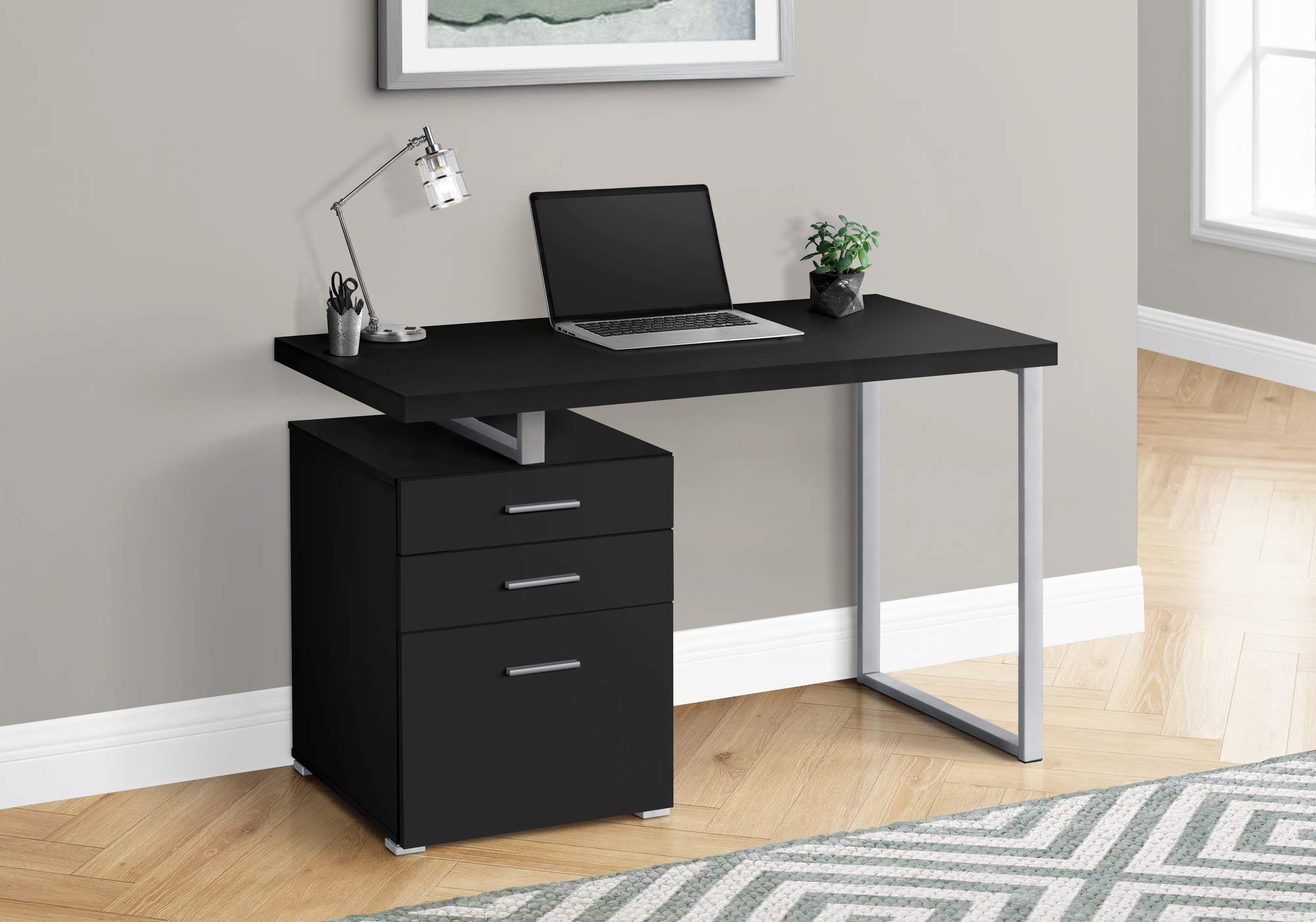 Monarch Specialties I 7649 48-Inch Modern Computer Desk with Storage Drawers - Home Office & Laptop Workstation for Left or Right Setup - Black & Grey Metal Laminate Contemporary Design - Perfect for Small Spaces & Remote Work