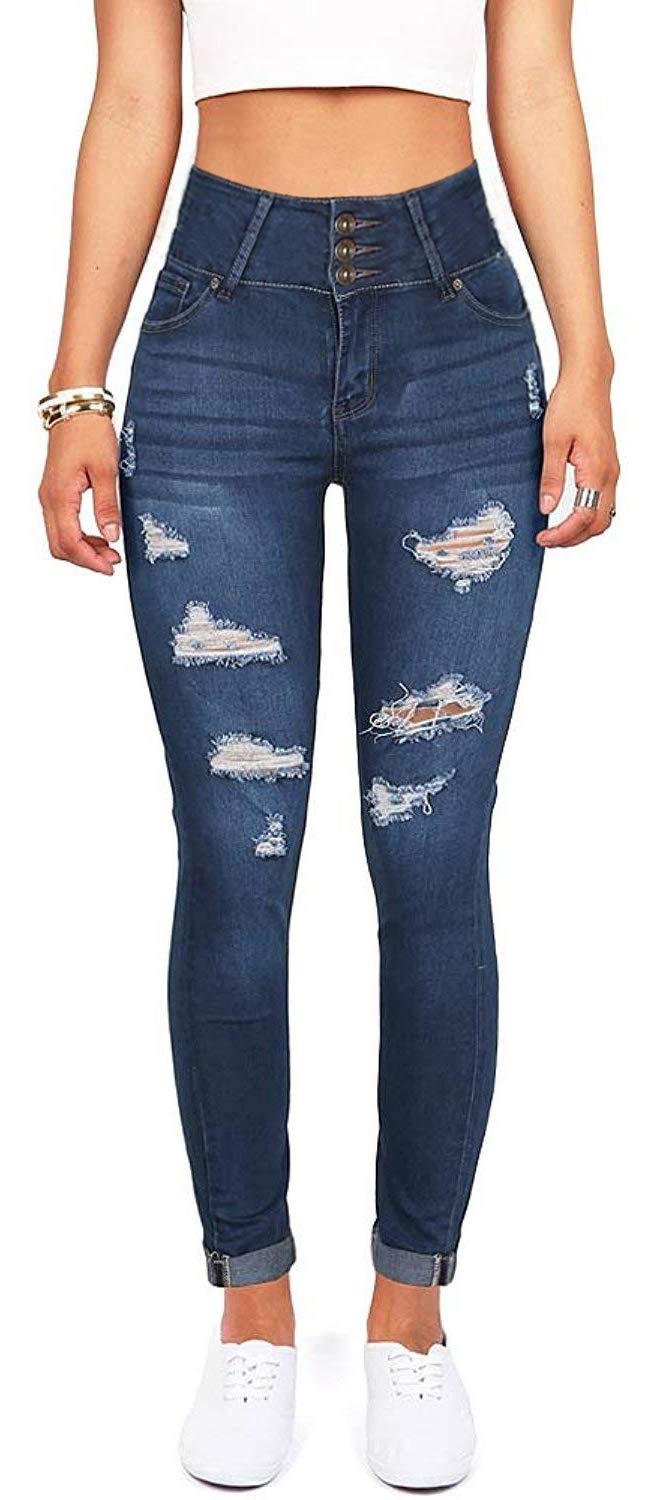 Women's High Waisted Butt Lift Stretch Ripped Skinny Jeans - Distressed Denim Pants with Button Fly for Juniors | Perfect for Casual Outfits, Date Nights & Street Style Fashion