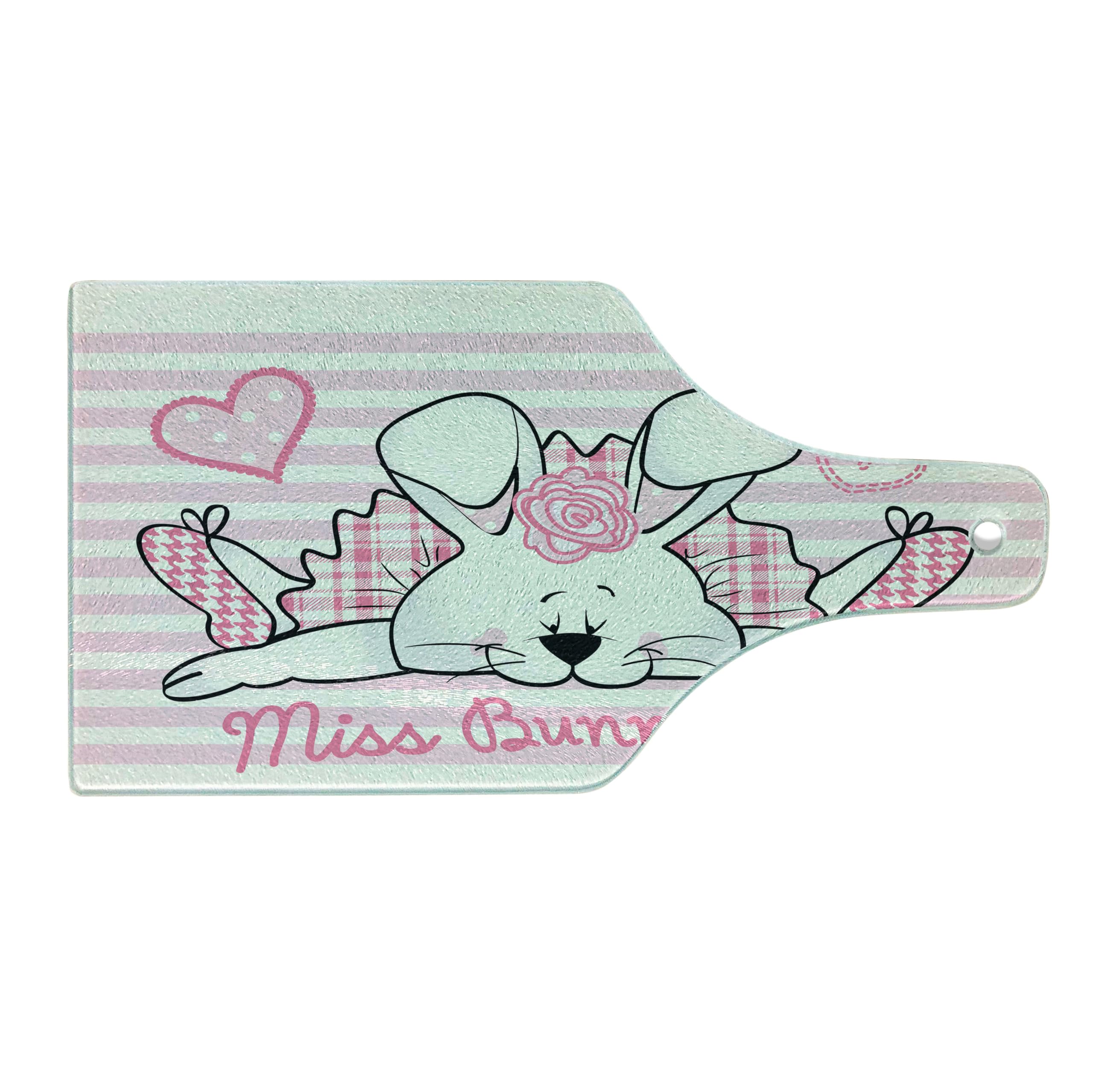 Ambesonne Retro Tempered Glass Cutting Board - Valentine's Day Miss Bunny Hoop in Love Romantic Rabbit Design, Decorative Serving Board for Cheese, Charcuterie & Wine (Pale Pink & White, Wine Bottle Shape) | Perfect for Valentine's Gifts, Bridal Showers & Romantic Dinners