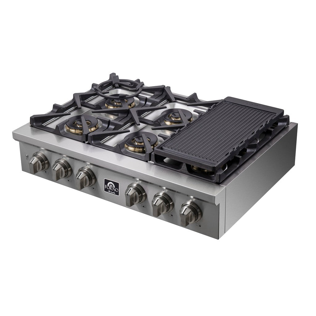 Forno Spezia 36 Inch 6 Burner Professional Gas Rangetop with Wok Ring & Griddle - Stainless Steel Commercial Cooktop (Model FCTGS5751 36) - Perfect for Restaurant Kitchens, Catering Services & Home Chef Cooking Stations
