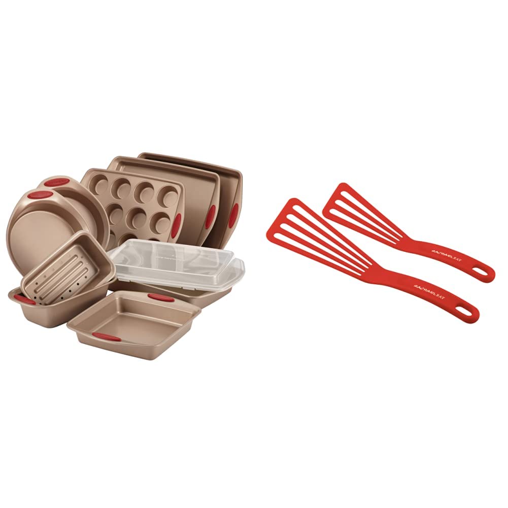 Rachael Ray Cucina Nonstick Bakeware Set - 10-Piece Non-Stick Baking Sheets, Cake Pan, Muffin & Bread Pan in Latte Brown with Red Grips + 2-Piece Red Nylon Cooking Utensils | Perfect for Baking Cookies, Cakes, Bread & More | Ideal for Home Bakers & Professional Kitchens