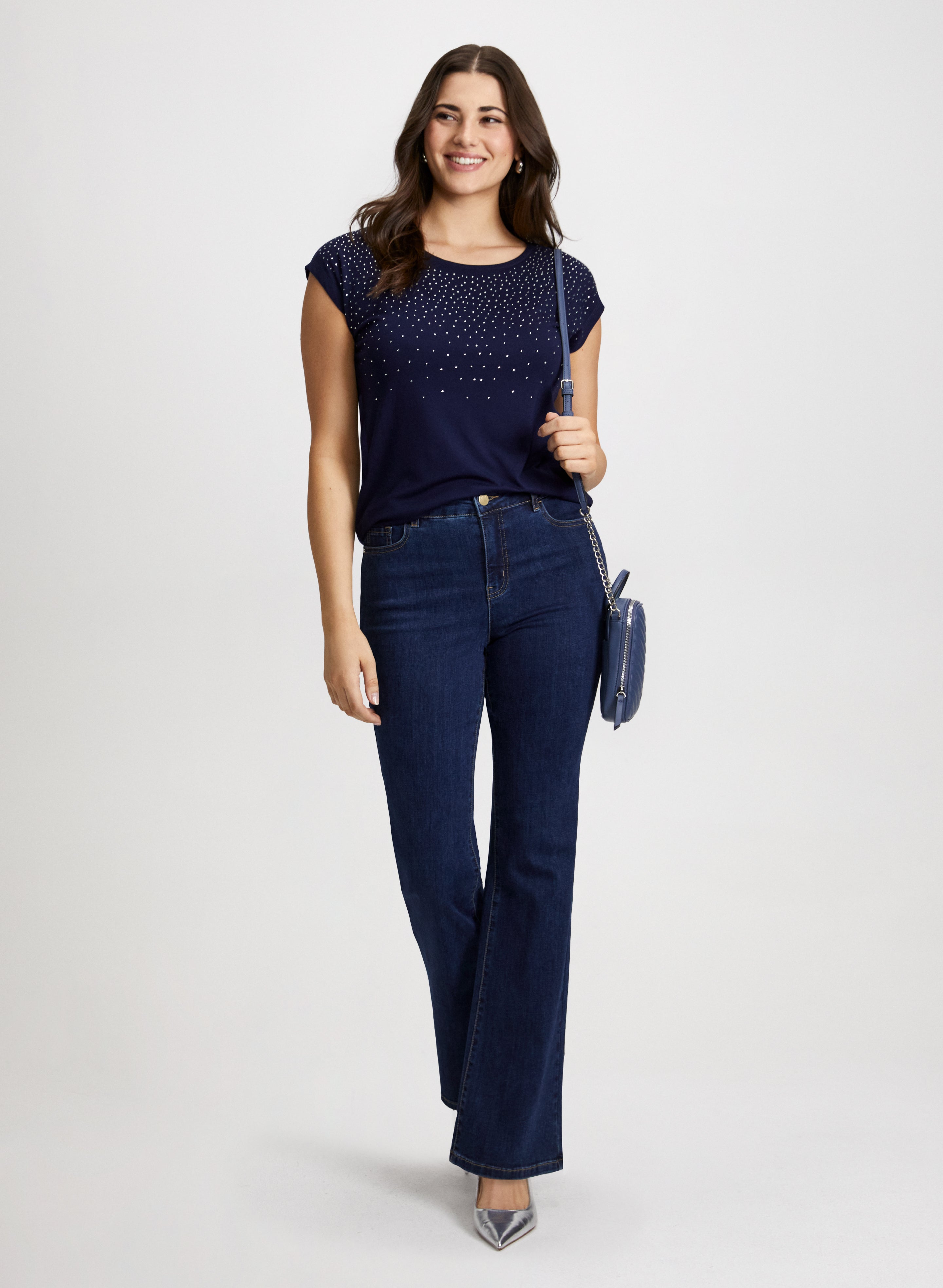 Embellished Cap Sleeve T-Shirt & Bootcut Jeans for Women - Trendy Casual Outfit for Date Night, Shopping & Weekend Wear