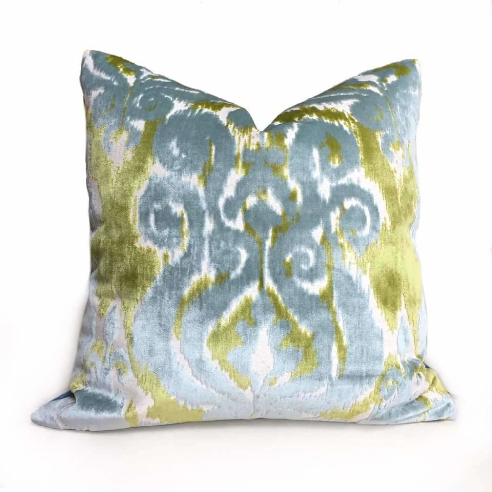 Robert Allen Velvet Bliss Ikat Damask Green Blue Cut Velvet Pillow Cover - Luxury Decorative Throw Pillow Case for Sofa, Bed & Home Decor