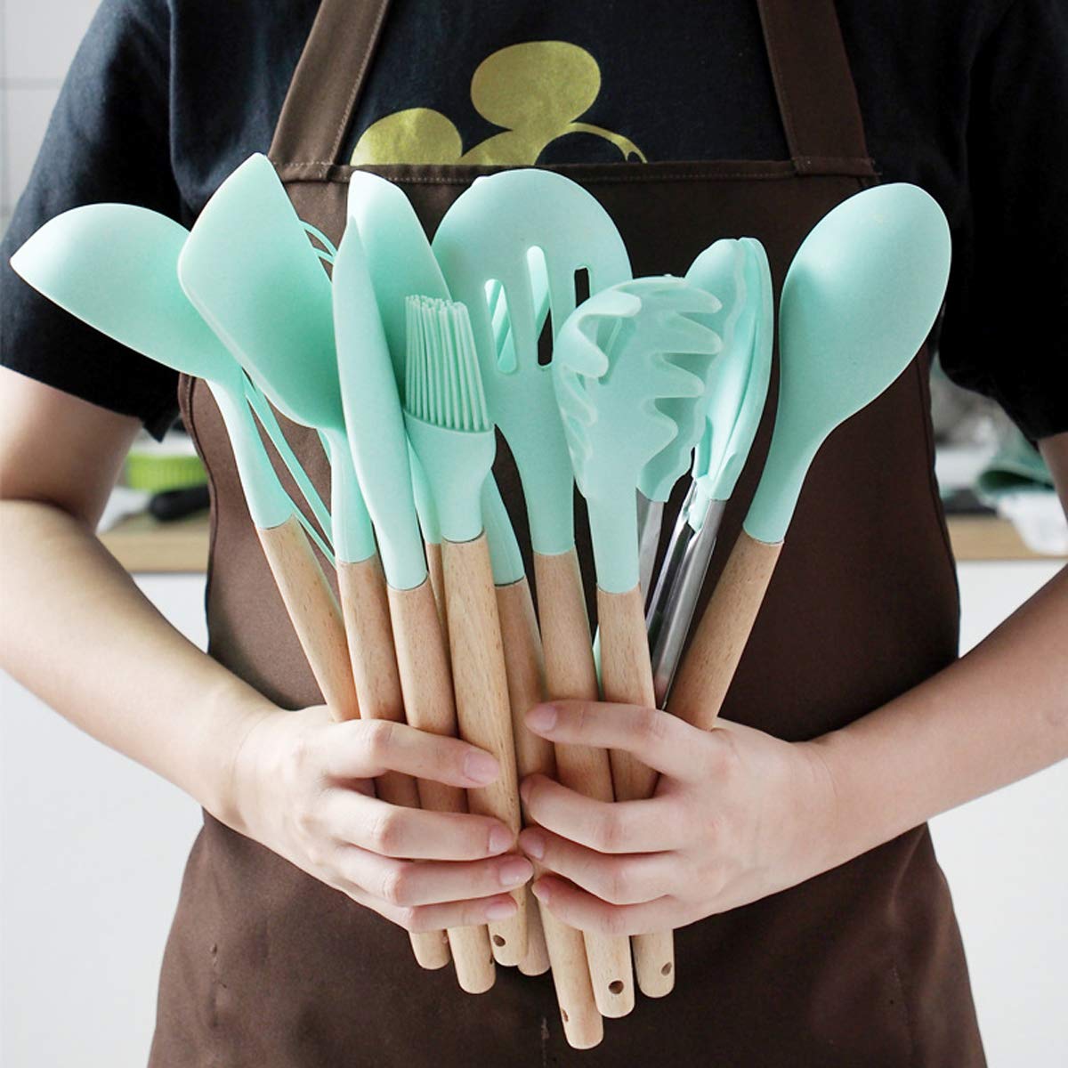 27-Piece Non-Stick Silicone Cooking Utensil Set with Wooden Handle & Holder - Heat Resistant Kitchen Tools for Baking, Frying & Cooking - Perfect for Home Chefs & Professional Kitchens