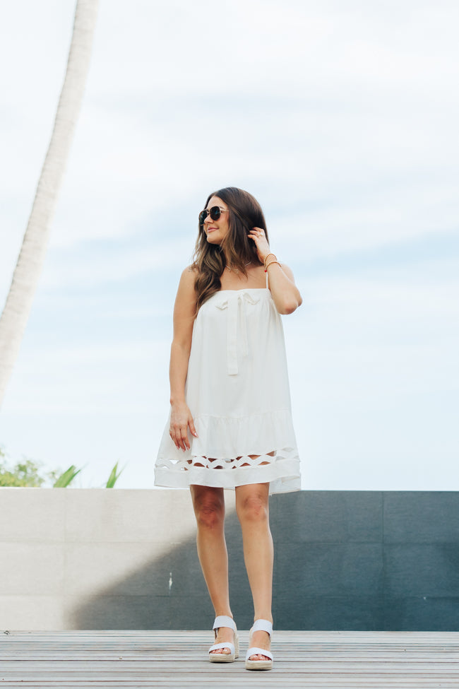 Saltwater Soul Ivory Lattice Mini Dress - Women's Summer Beach Cover Up, Boho Chic Lace Sundress for Vacation, Pool Party & Date Night