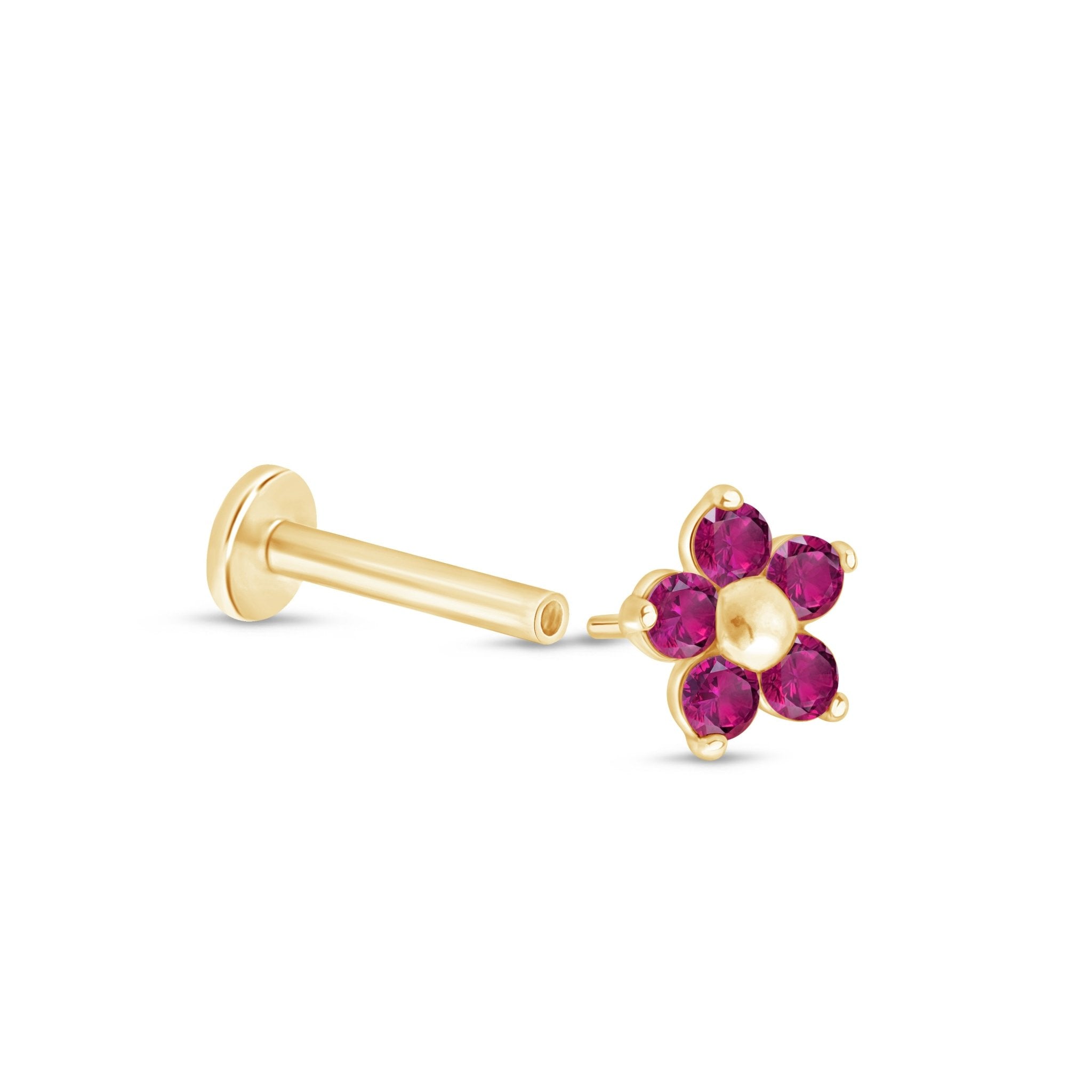 14K Solid Yellow Gold Ruby Flower Stud Earrings for Women - Elegant Floral Jewelry for Daily Wear, Parties & Special Occasions