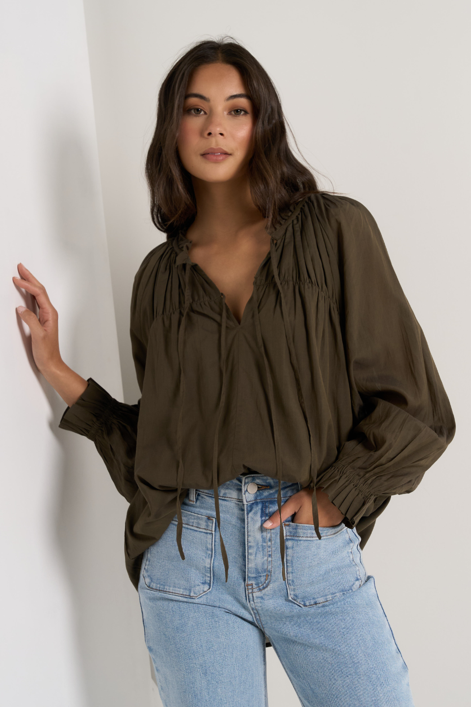 Artist Olive Voile Long Sleeve Tie Front Relaxed Gathered Blouse - Perfect for Casual Outings, Boho Chic Style & Layered Fall Fashion