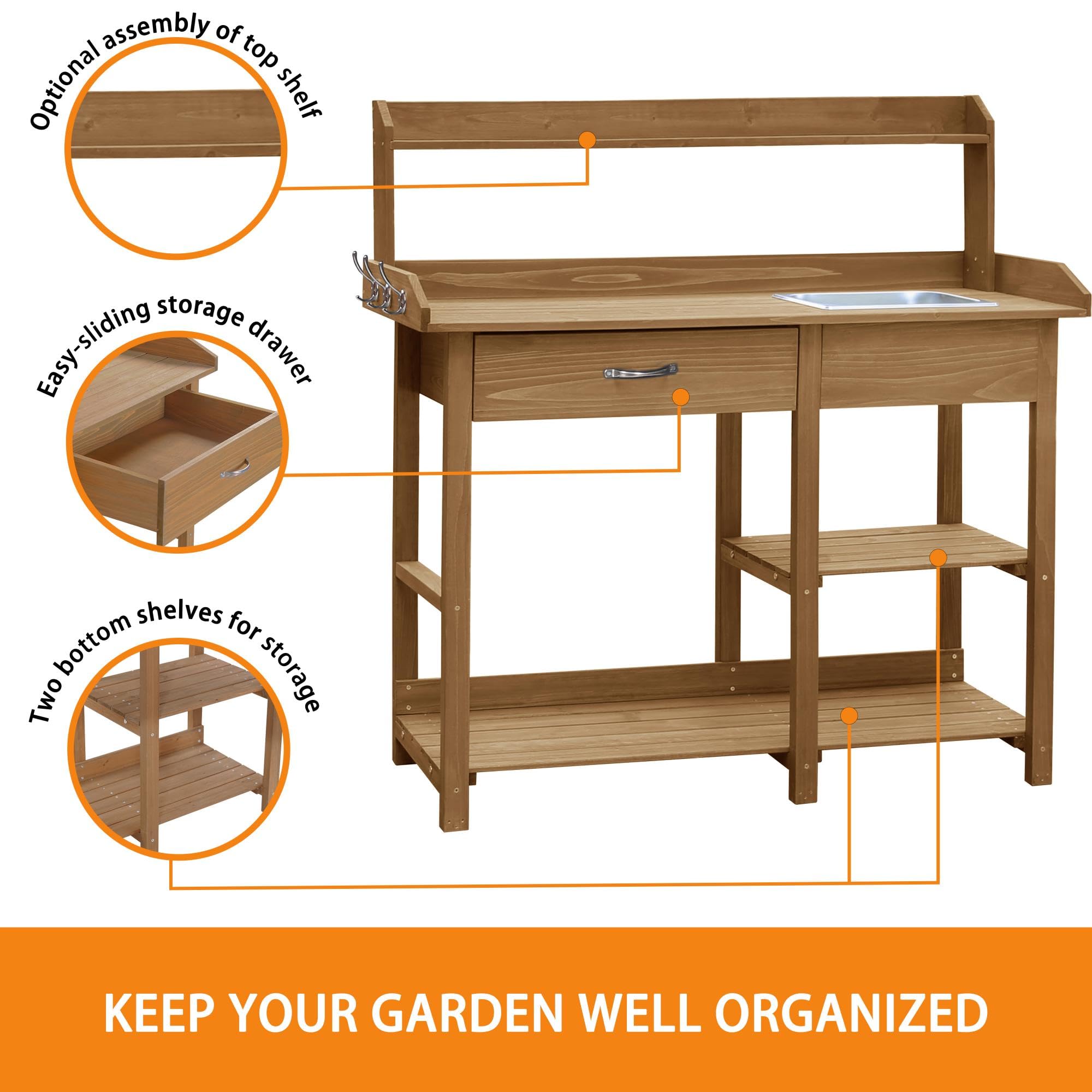 Outdoor Wood Potting Bench with Removable Stainless Steel Sink - Garden Workstation with Shelves, Drawers & Hooks - Perfect for Planting, Gardening & Outdoor DIY Projects - Natural Wood Finish