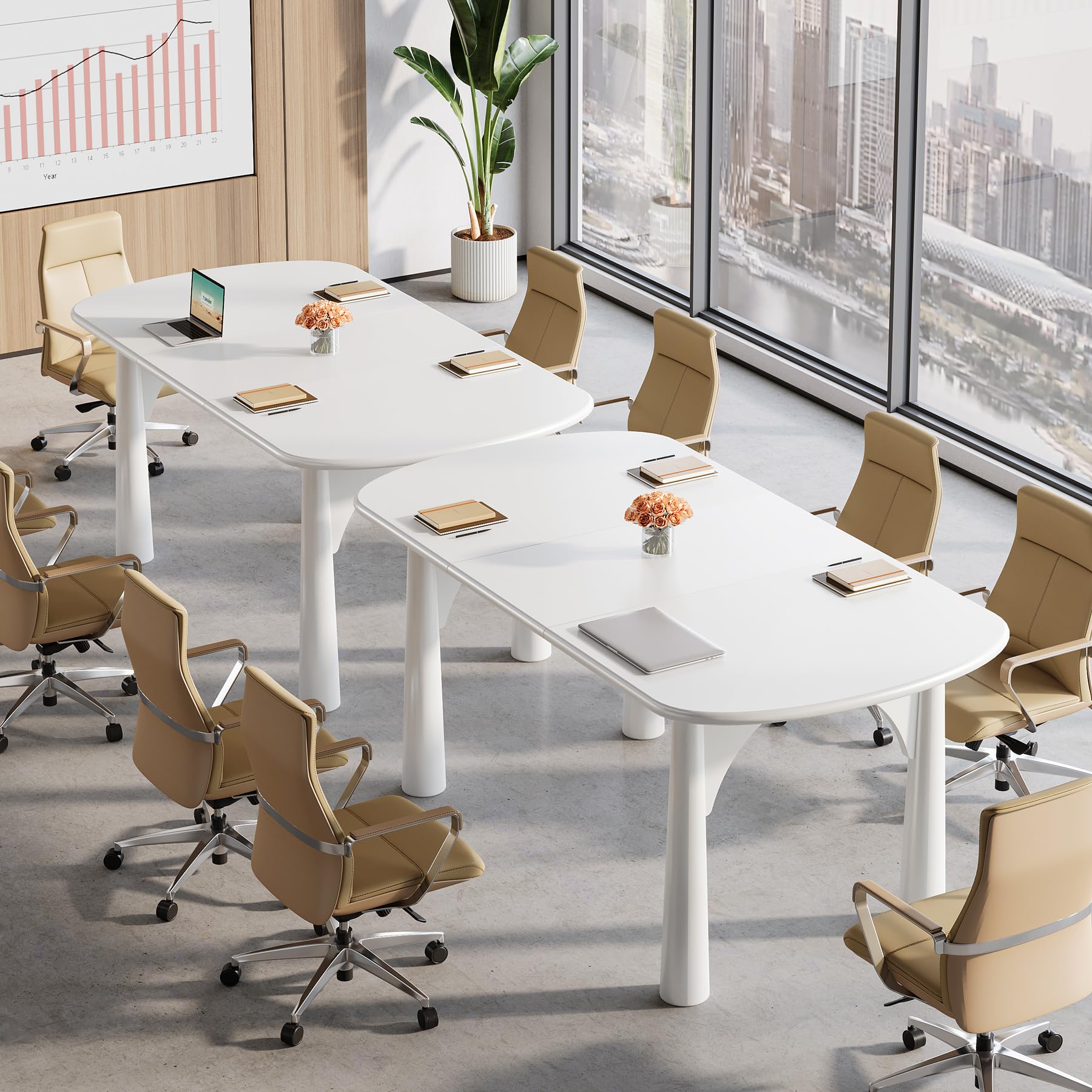 Tribesigns 63 Inch Oval Conference Table for 6 People - Solid Wood Legs Modern Office Desk for Meeting Rooms, Home Offices & Coworking Spaces - Cream White Finish