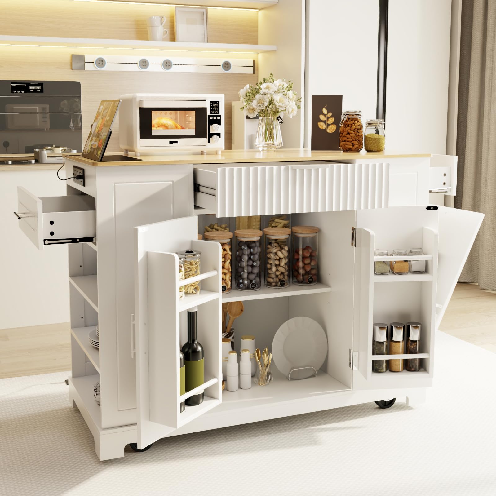 Rovibek White Mobile Kitchen Island Cart with Storage, 3 Drawers & Power Outlet - Rolling Kitchen Organizer with 10-Gallon Trash Can Storage - Perfect for Small Kitchens, Apartments & Outdoor Cooking