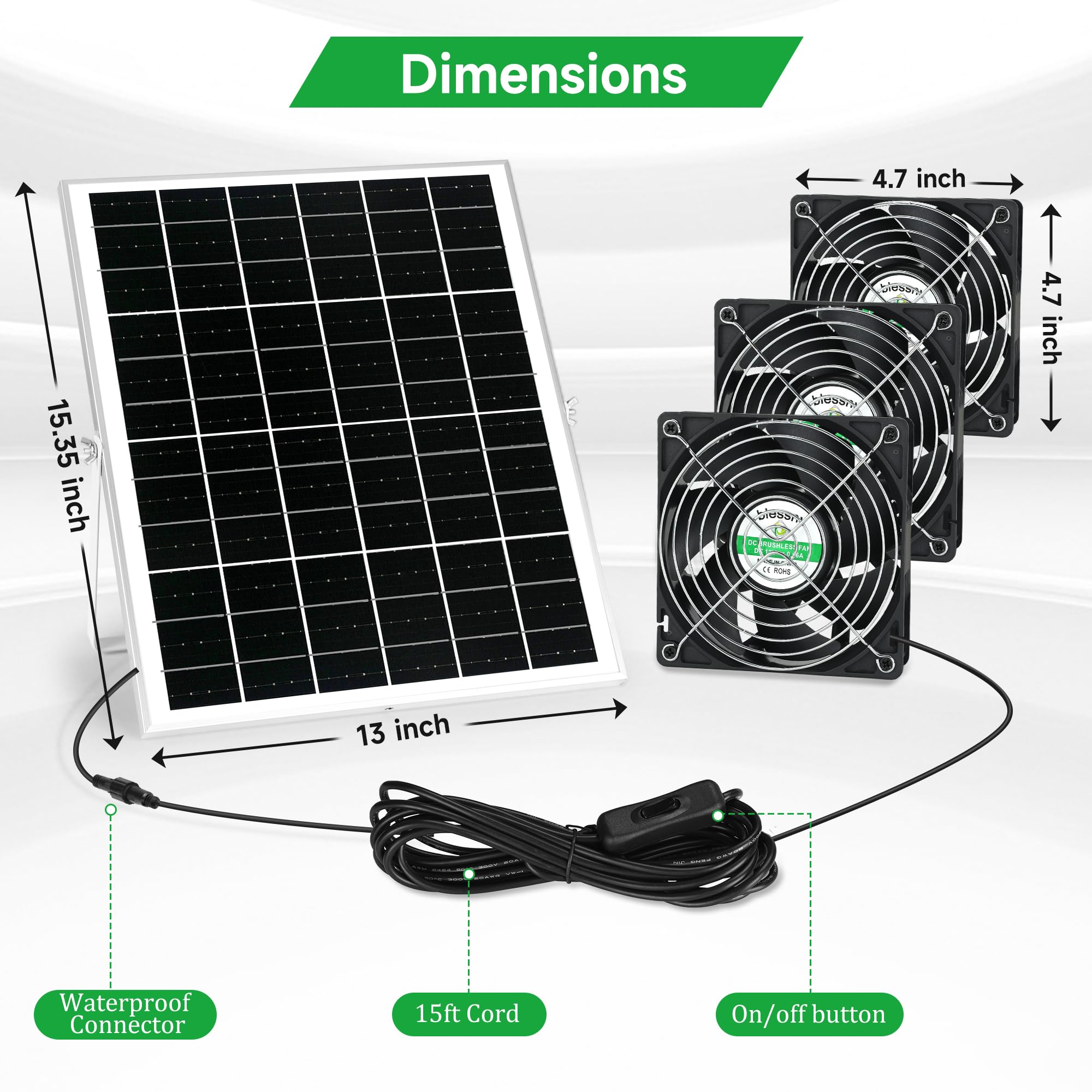 Solar Powered 3 Fan Kit - 25W Solar Panel with 15 ft Cord for Chicken Coop, Greenhouse & Outdoor Ventilation - IP67 Waterproof, 3500RPM - Perfect for Air Circulation in Poultry Houses, Grow Tents & Sheds