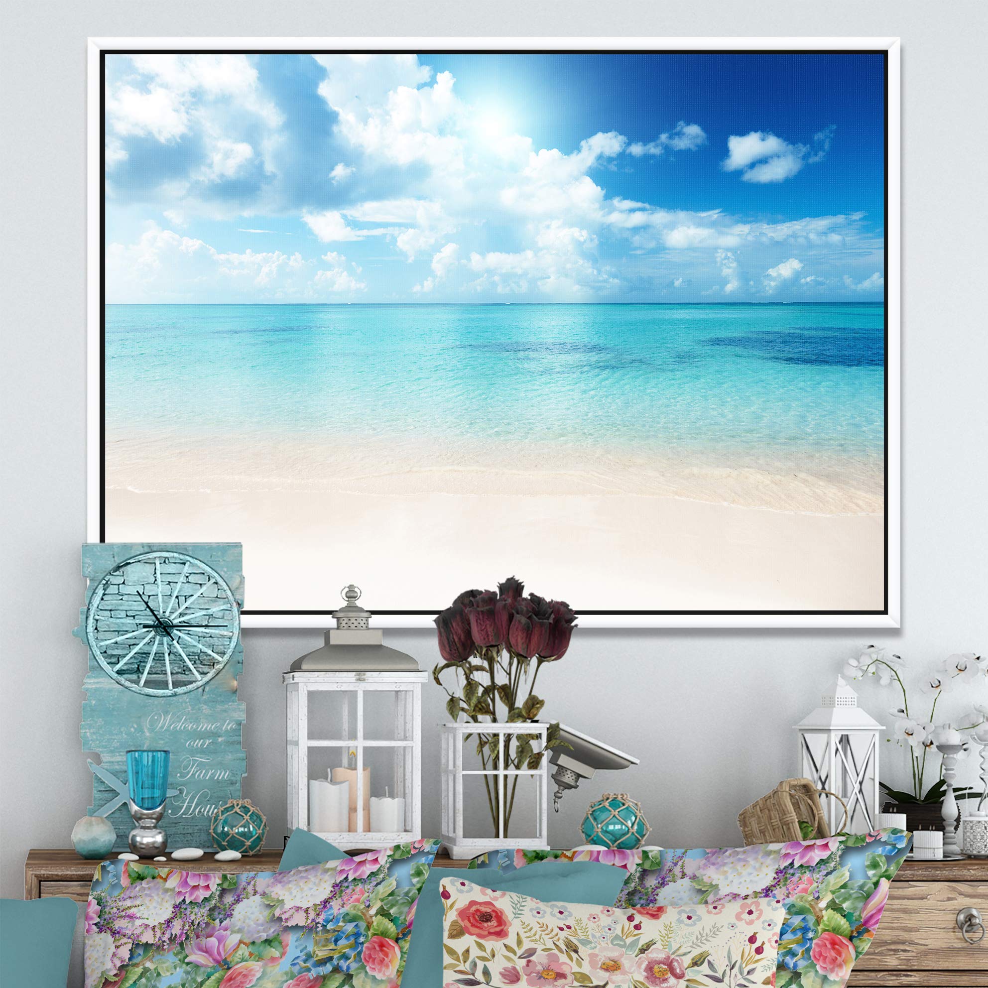 DesignArt Blue Caribbean Sea Beach Sand - Modern Framed Seascape Canvas Wall Art for Living Room, Bedroom & Office Decor