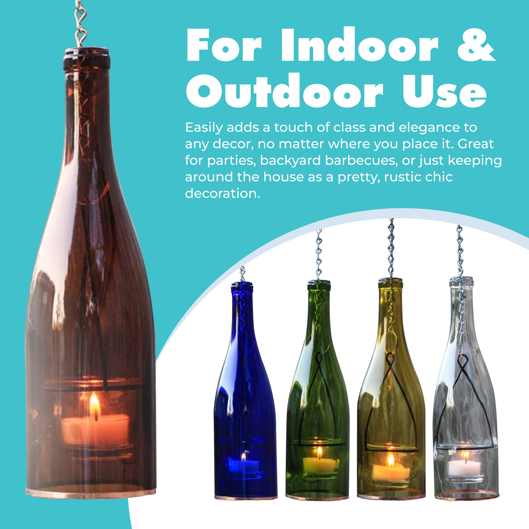 Rustic Hanging Wine Bottle Lantern Lights - Indoor/Outdoor Decorative LED Candle Holders for Wedding, Patio, Garden & Home Decor (Set of 4) - Perfect for Romantic Dinners, Backyard Parties & Cozy Ambiance