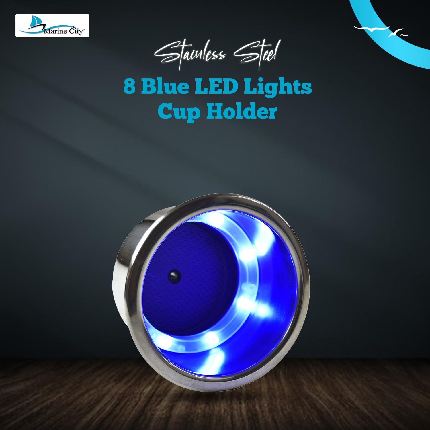 8 Blue LED Cup Holder with Drain – 304 Stainless Steel Marine Drink Holder, Corrosion-Resistant Boat Accessory for Yachts, Ships & Kayaks (10 Pack) – Perfect for Night Cruising & Party Lighting