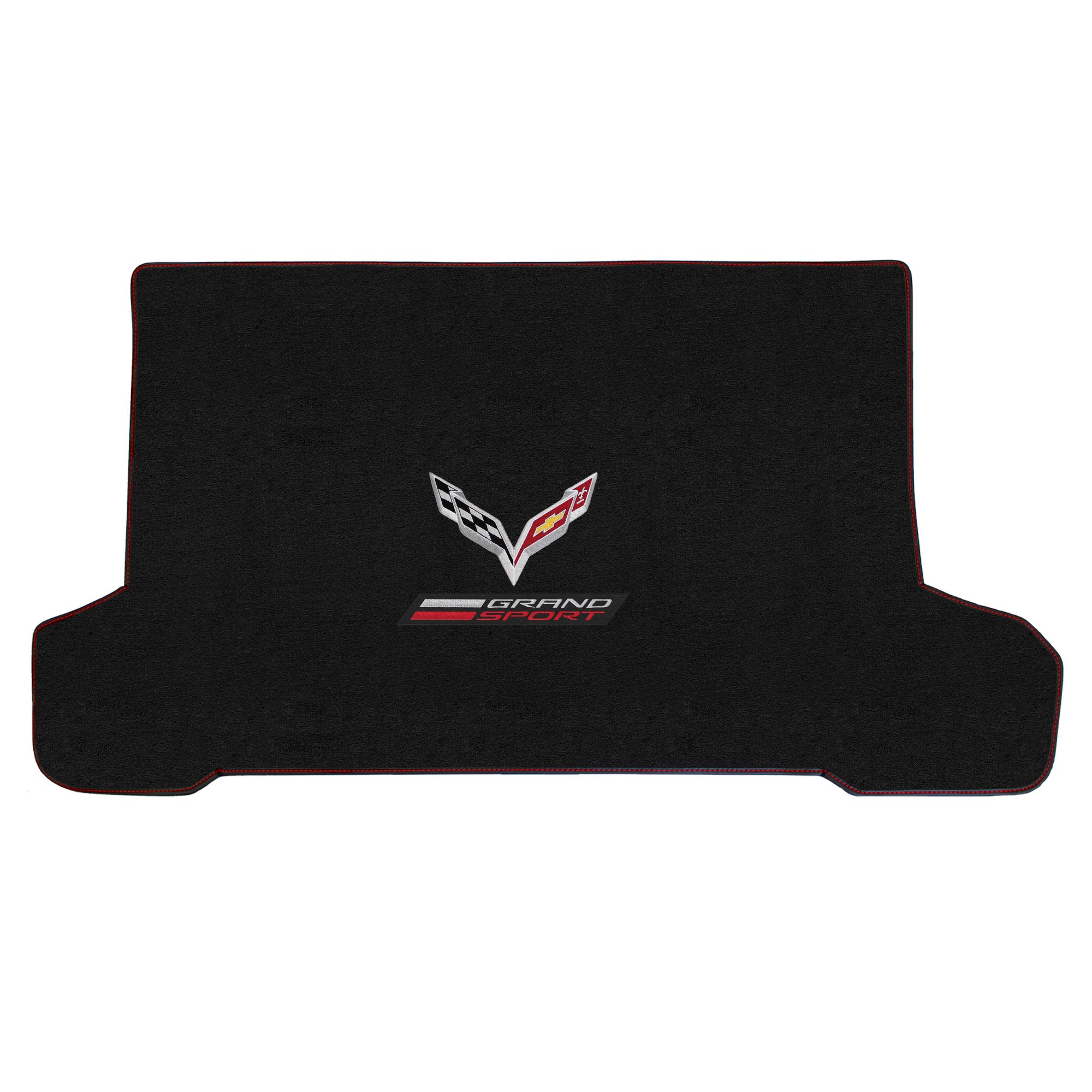 Premium Luxury Custom-Fit Carpeted Floor Mats & Trunk Liner for Chevrolet Corvette C7 2014-2019 - Charcoal Gray with Grand Sport Flags Design | All-Weather Protection & Enhanced Interior Style