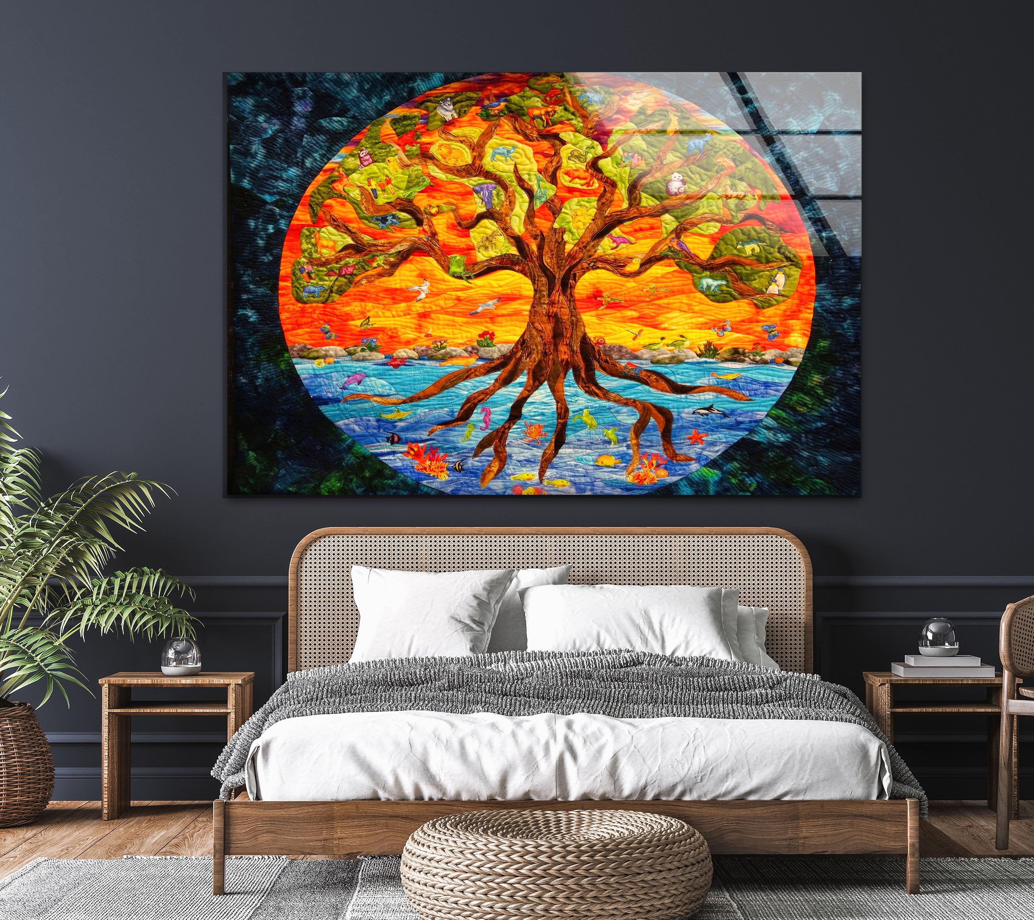 Big Tree of Life Glass Wall Art - Handmade Stained Glass Window Decor for Living Room, Bedroom & Office - Spiritual Home Decor Gift