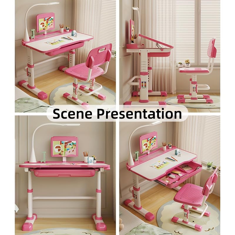 Adjustable Kids Desk and Chair Set with LED Light - Ergonomic Study Desk for Children, Tiltable Desktop for Drawing & Reading, 3 Lighting Modes & Storage Drawer - Perfect for Boys & Girls Bedroom (Grey) - Ideal for Homework, Art Projects & Study Time