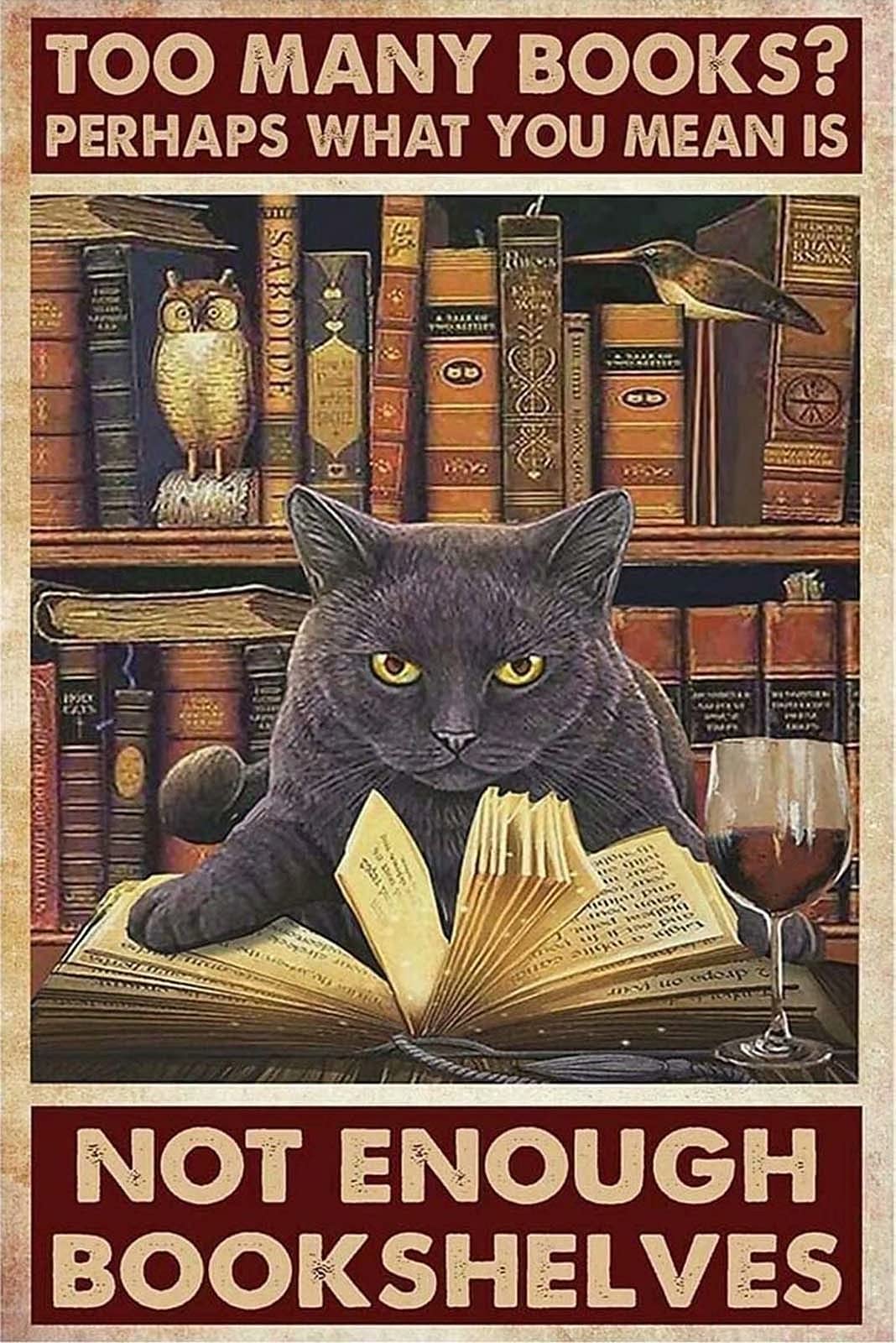 Vintage Retro Black Cats Bookshelf Metal Tin Sign - 8x12 Inch Wall Decor for Coffee Bar, Kitchen, Cafe & Home - Unique Vintage Coffee Shop Wall Art Decoration
