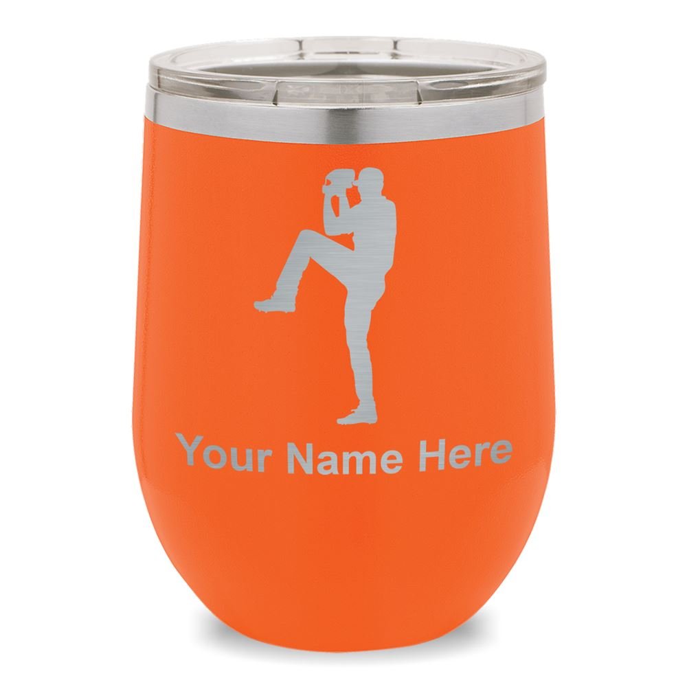 Personalized Engraved Wine Glass Tumbler - Baseball Pitcher Design (Orange) - Perfect for Sports Bars, Game Nights & Gifts for Baseball Fans