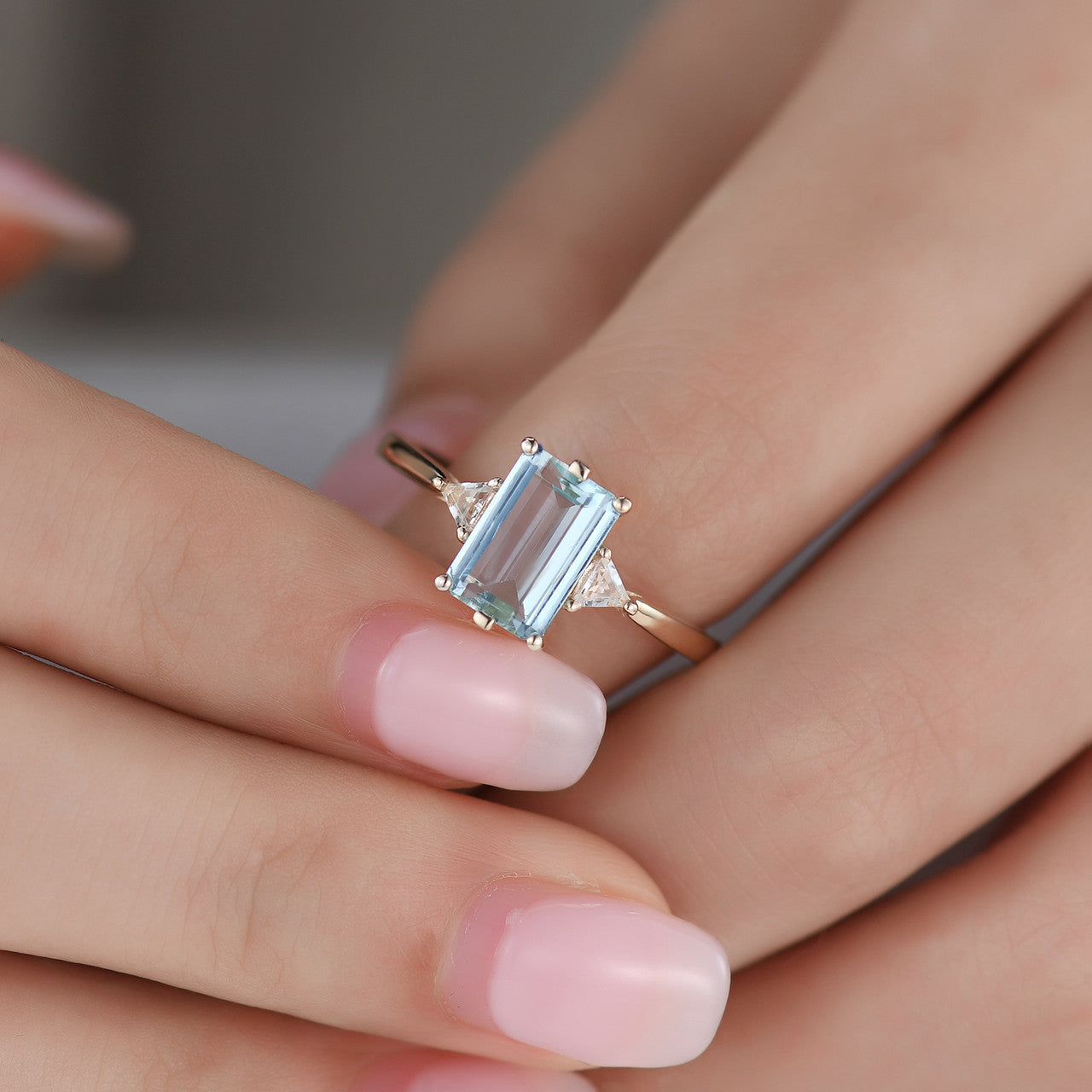 Three Stone Aquamarine Engagement Ring with White Topaz Triangle Accents in 18K Gold - Perfect for Proposals, Anniversaries & Bridal Jewelry
