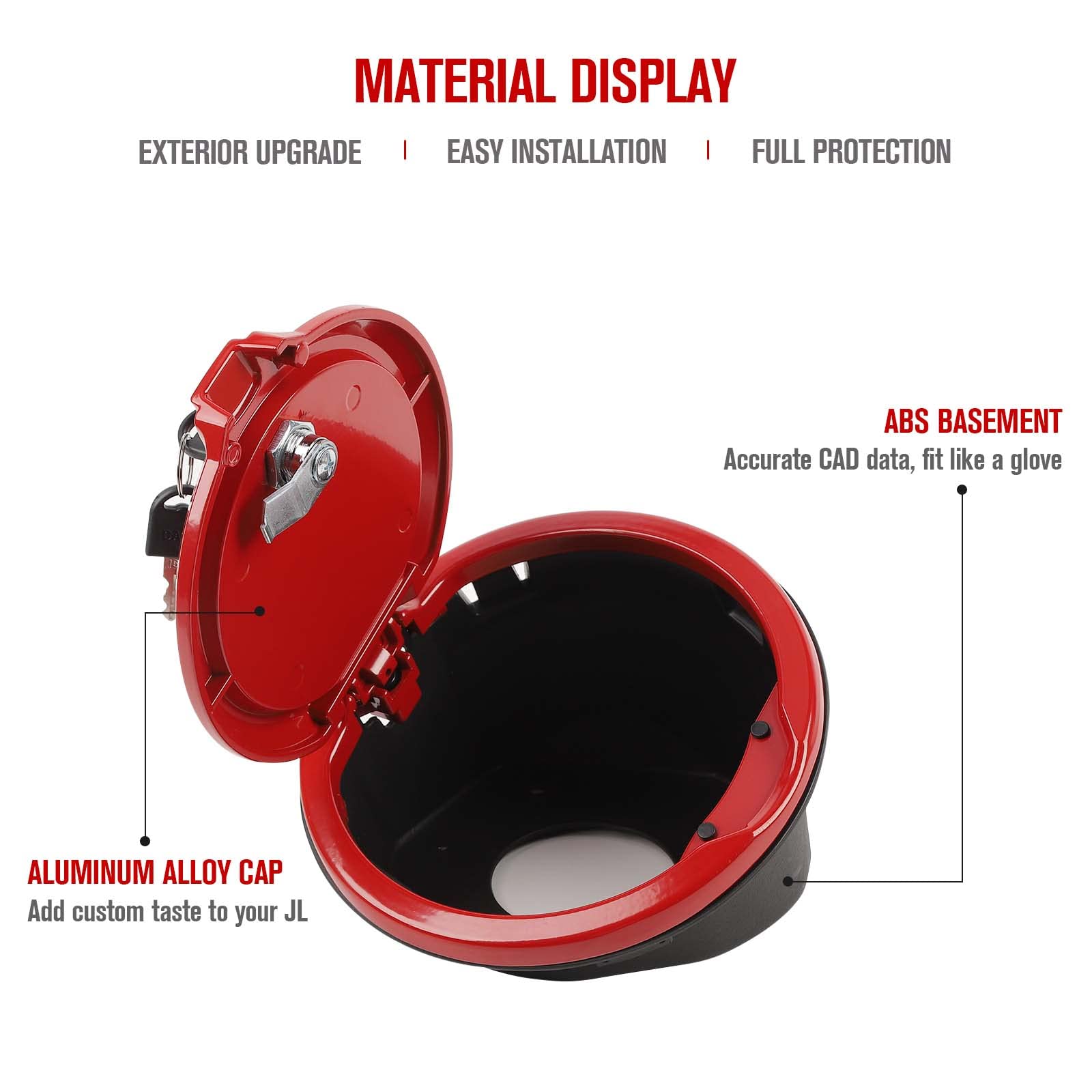 JeCar Locking Fuel Filler Cover - Aluminum Alloy Gas Tank Door Security Accessory for 2018-2023 Jeep Wrangler JL & Unlimited (Red) | Anti-Theft Protection & Off-Road Adventure Upgrade