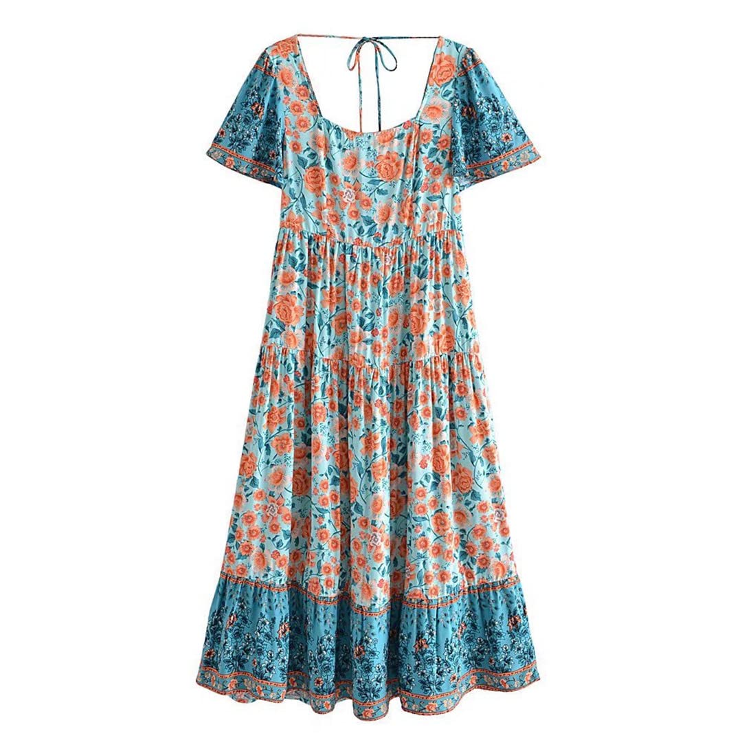 Bohemian Floral Print Maxi Dress - Short Sleeve Summer Hippie Dress for Women | Beach Vacation, Music Festival & Casual Outfit