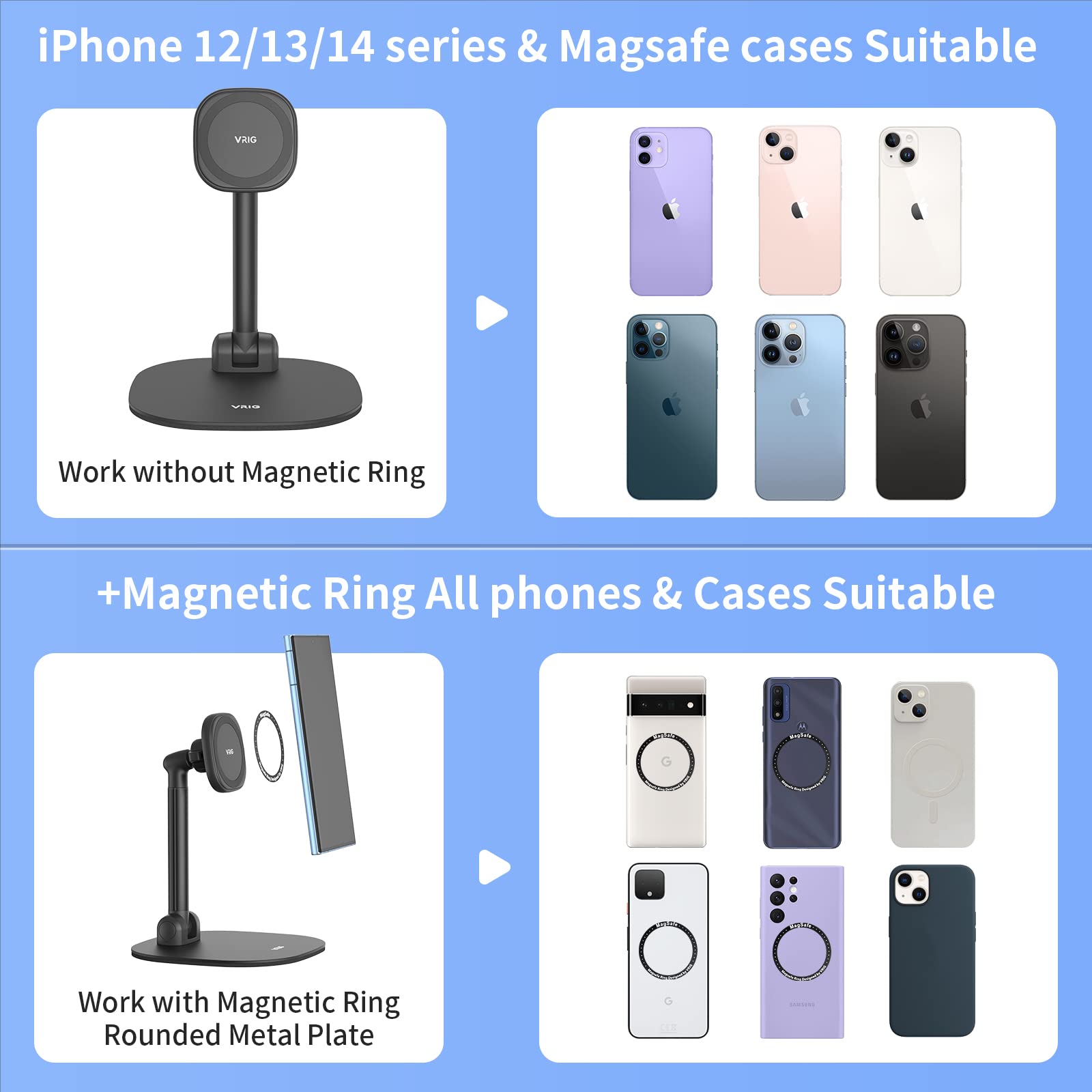 VRIG Magnetic Phone Stand for Desk - 360° Rotating Adjustable Height & Tilt Phone Holder with Magnetic Ring - Compatible with iPhone 14/13/12/11 & Android Phones - Perfect for Office, Home & Car Use