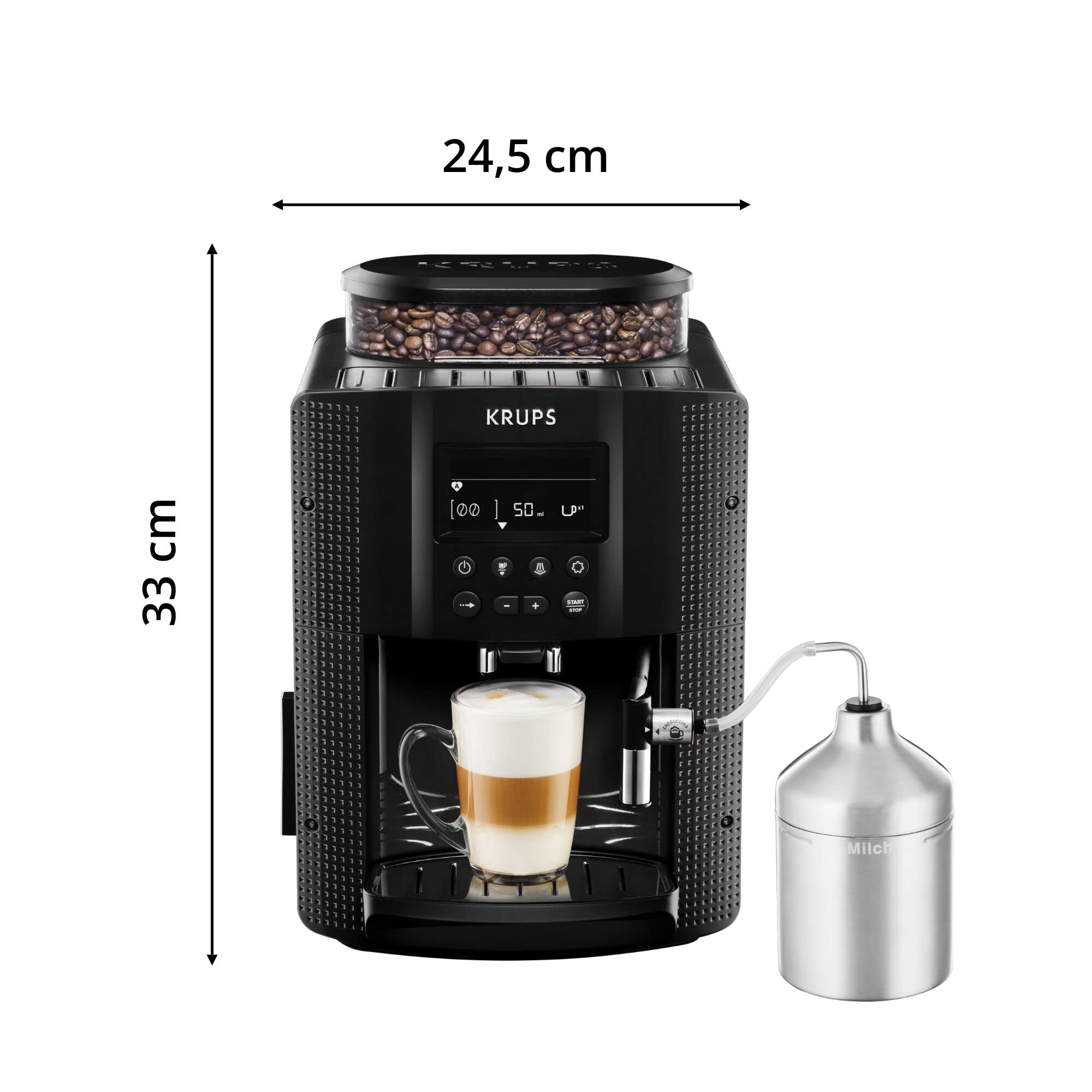 Krups Essential Super Automatic Espresso Machine - 15 Bar Pressure, Conical Metal Grinder, Adjustable Coffee Strength & Quantity, 1.7L Water Tank, LCD Display, Milk Accessories - Perfect for Home Baristas & Coffee Lovers
