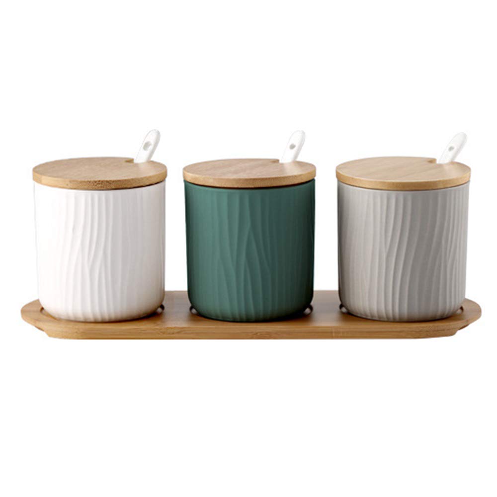 Premium Ceramic Spice Jars with Wooden Lids & Spoons - 10oz Spice Storage Containers Set of 3 for Kitchen Organization - Perfect for Storing Spices, Herbs, Coffee, Tea, Sugar & Seasonings - Ideal for Home Cooking, Baking & Coffee Bars
