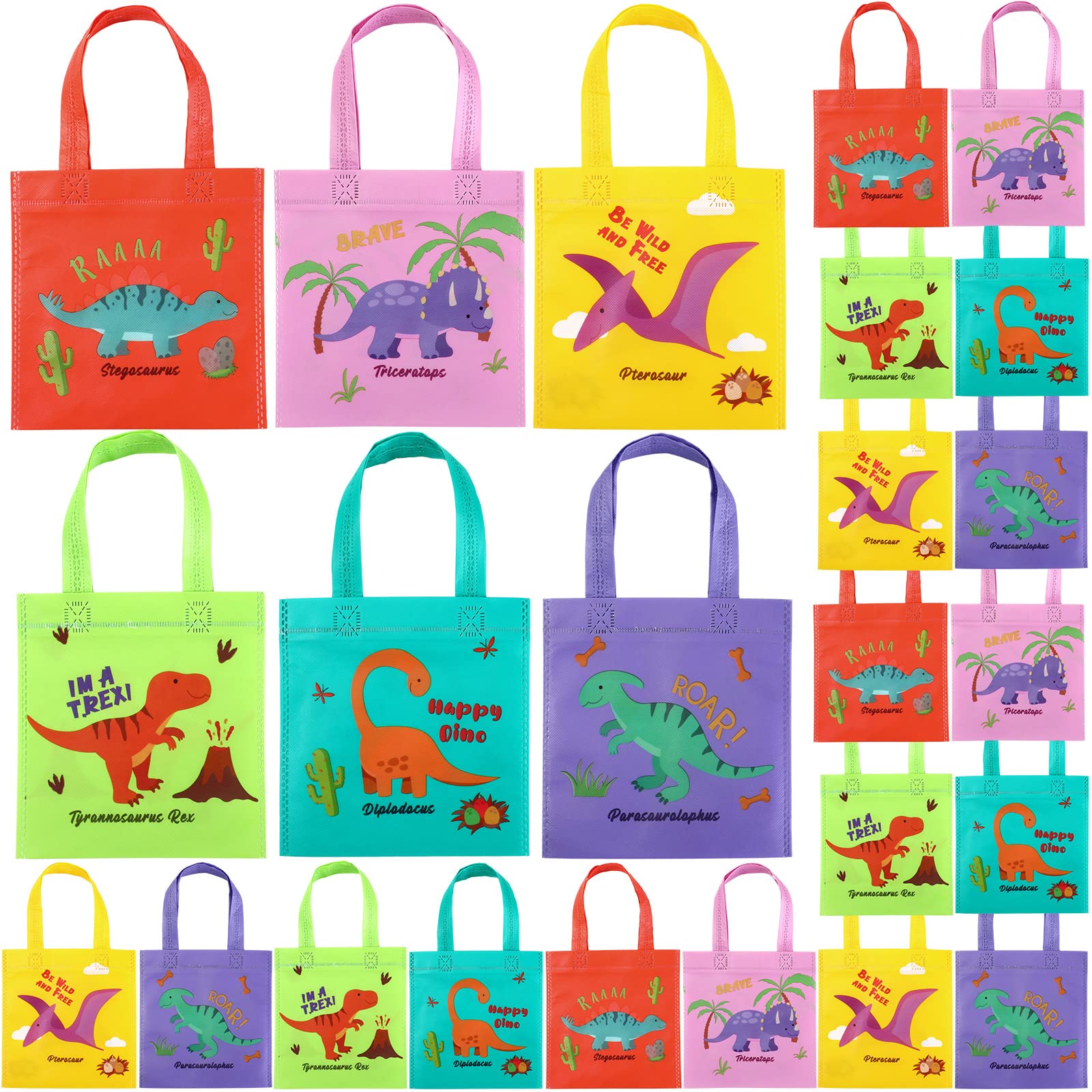 24-Piece Dinosaur Party Favor Bags - Reusable Non-Woven Tote Treat Bags with Handles for Kids Birthday, Dino Themed Party Decorations & Candy Goodie Bags | Perfect for Dinosaur Birthday Parties, Classroom Rewards, and Halloween Treat Bags